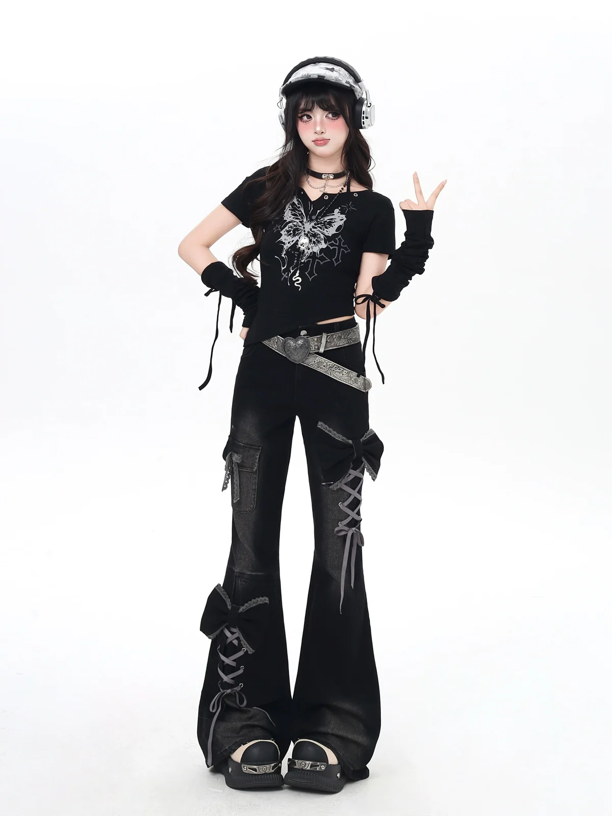 Crazy Girl 3D Bow Lace Black Denim Jeans - Image 3