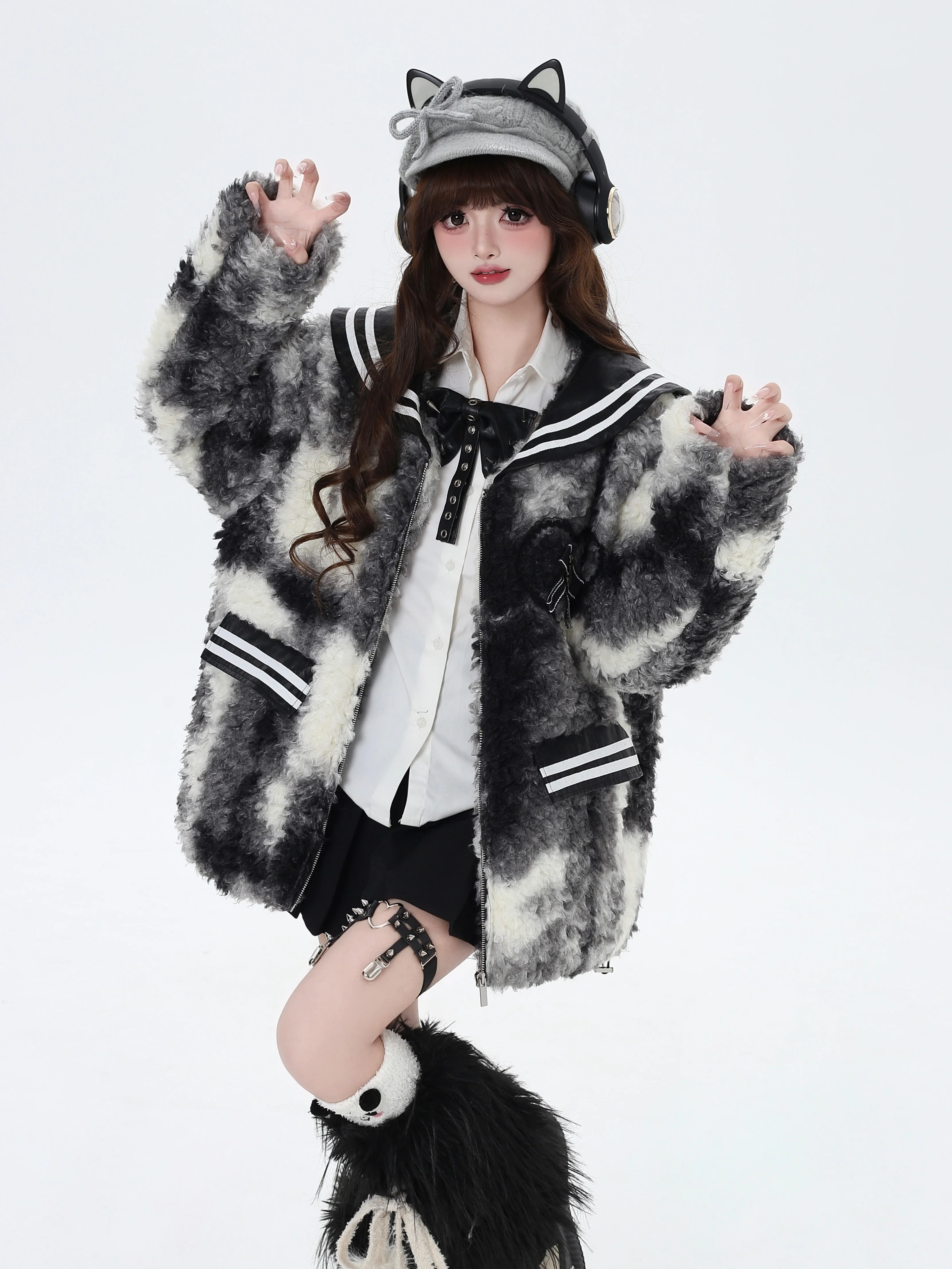 Crazy Girl Black & White Sailor Collar Fleece Plush Jacket - Image 2
