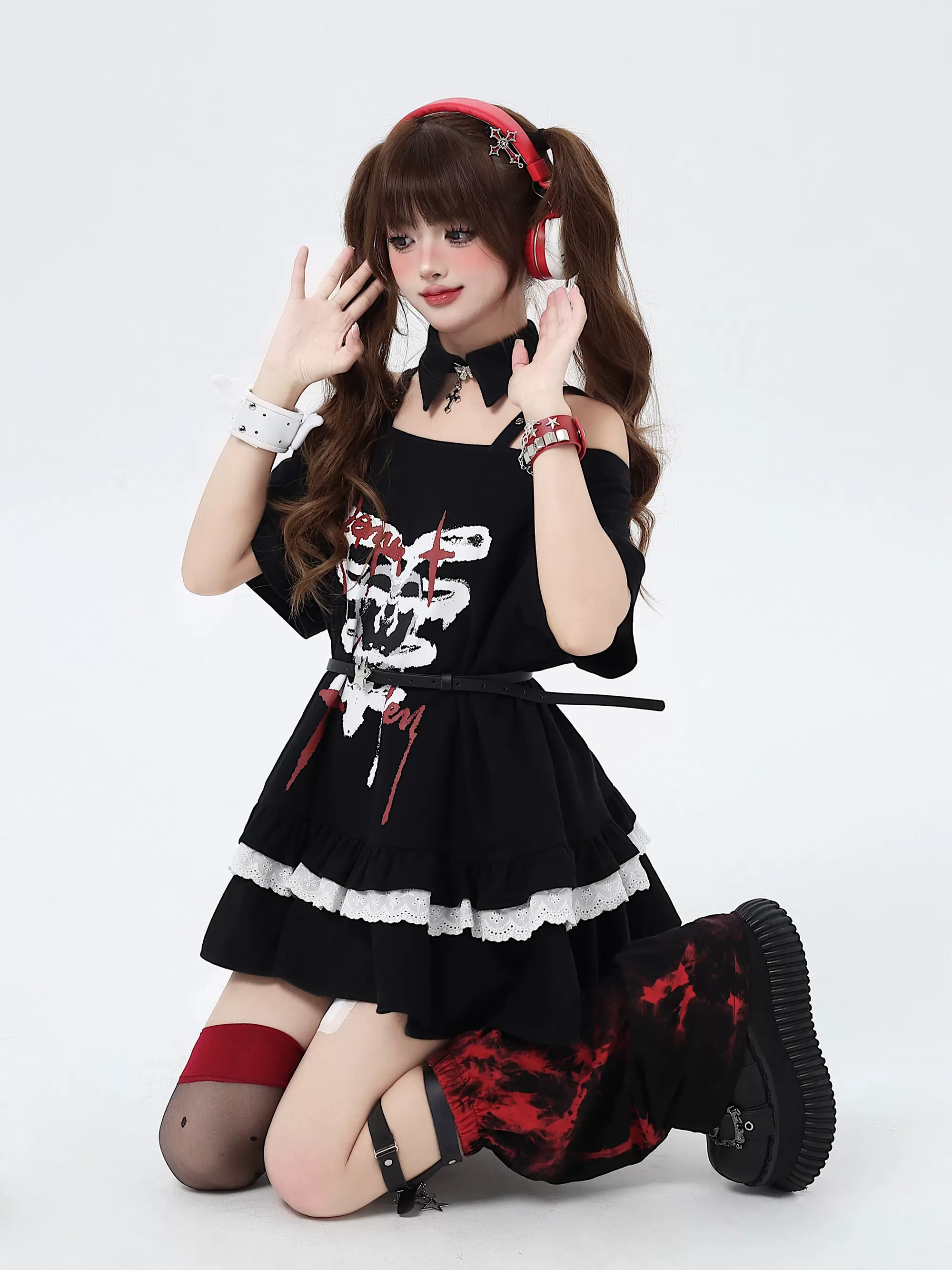 Crazy Girl Bone Love Mark Black Gray Oversize Long T-shirt - Image 3