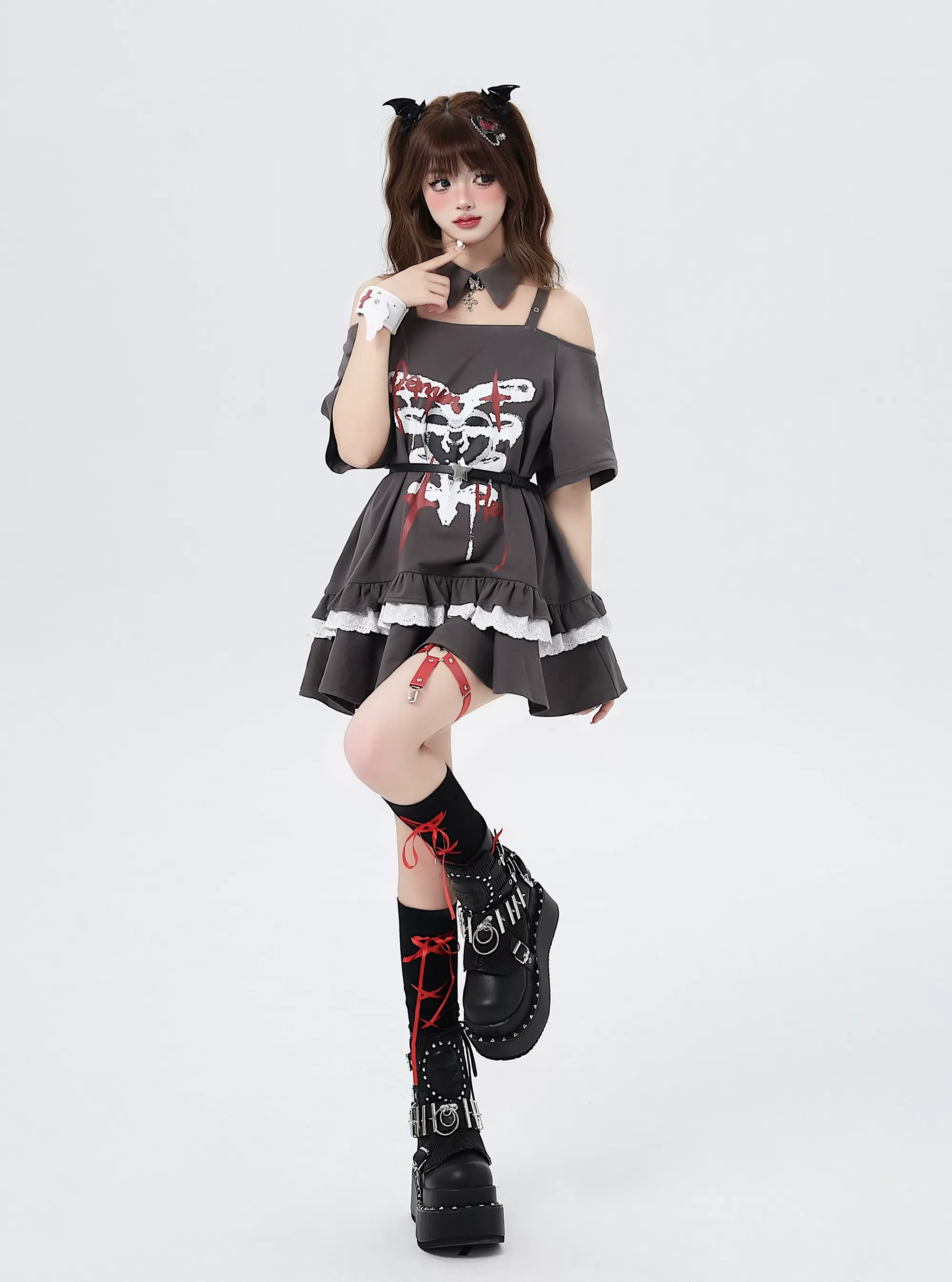 Crazy Girl Bone Love Mark Black Gray Oversize Long T-shirt - Image 4