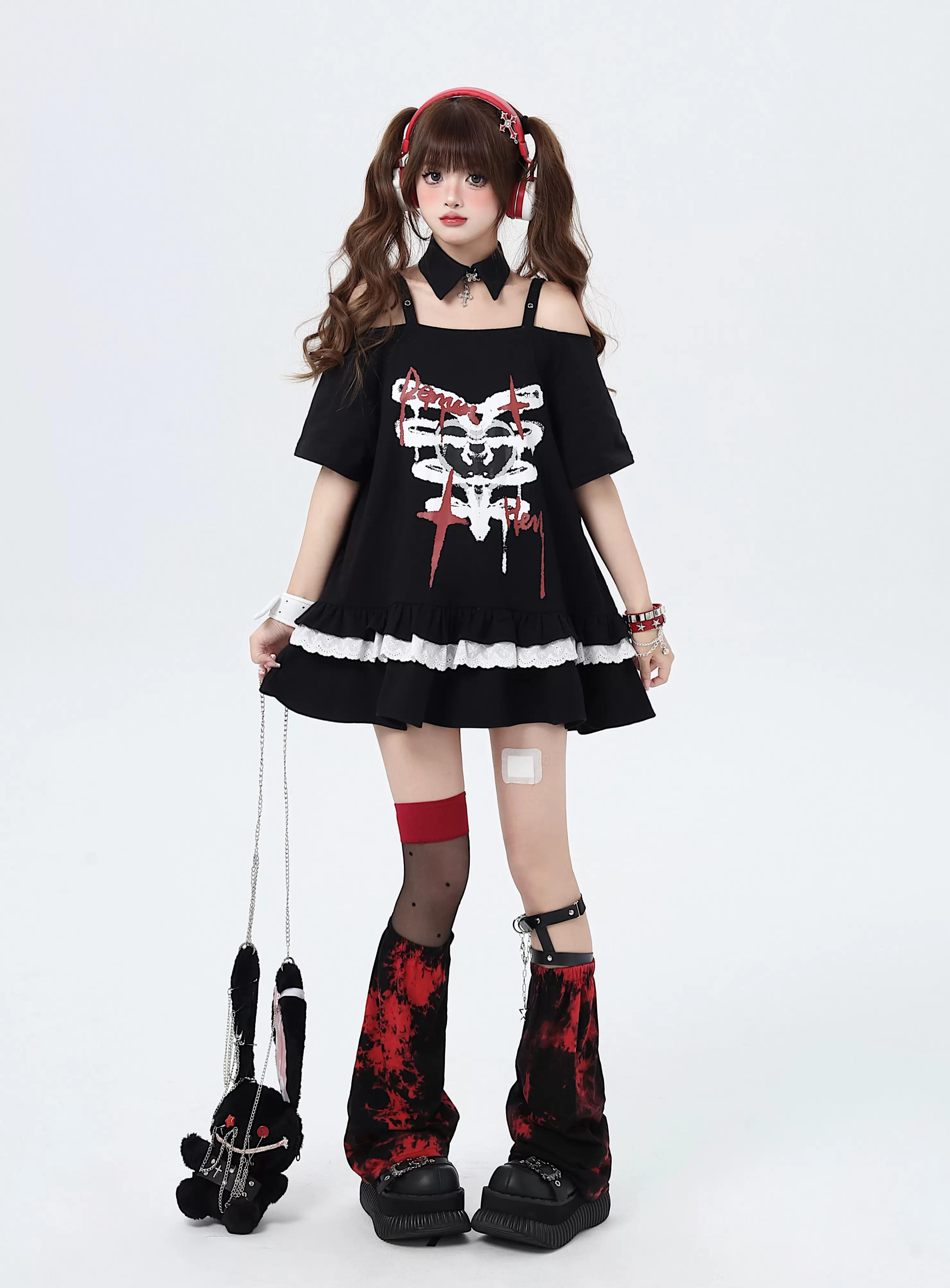 Crazy Girl Bone Love Mark Black Gray Oversize Long T-shirt - Image 5
