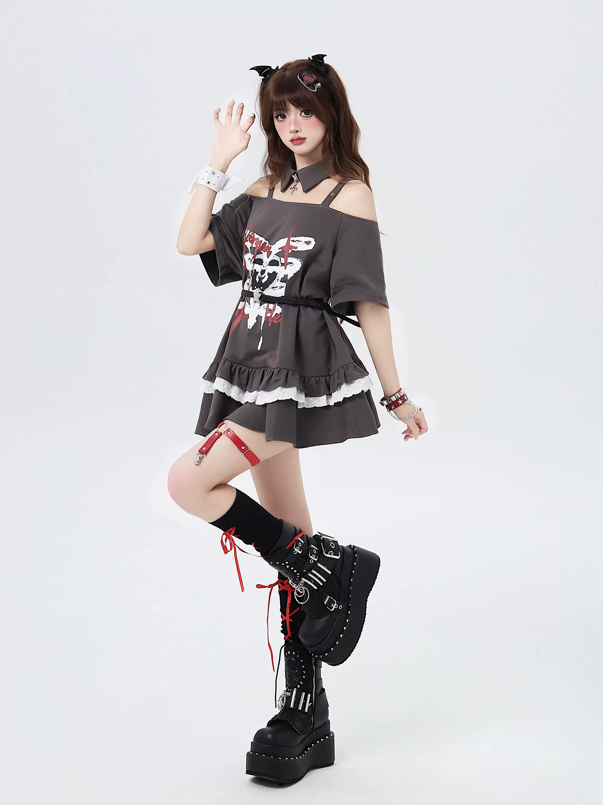 Crazy Girl Bone Love Mark Black Gray Oversize Long T-shirt - Image 6