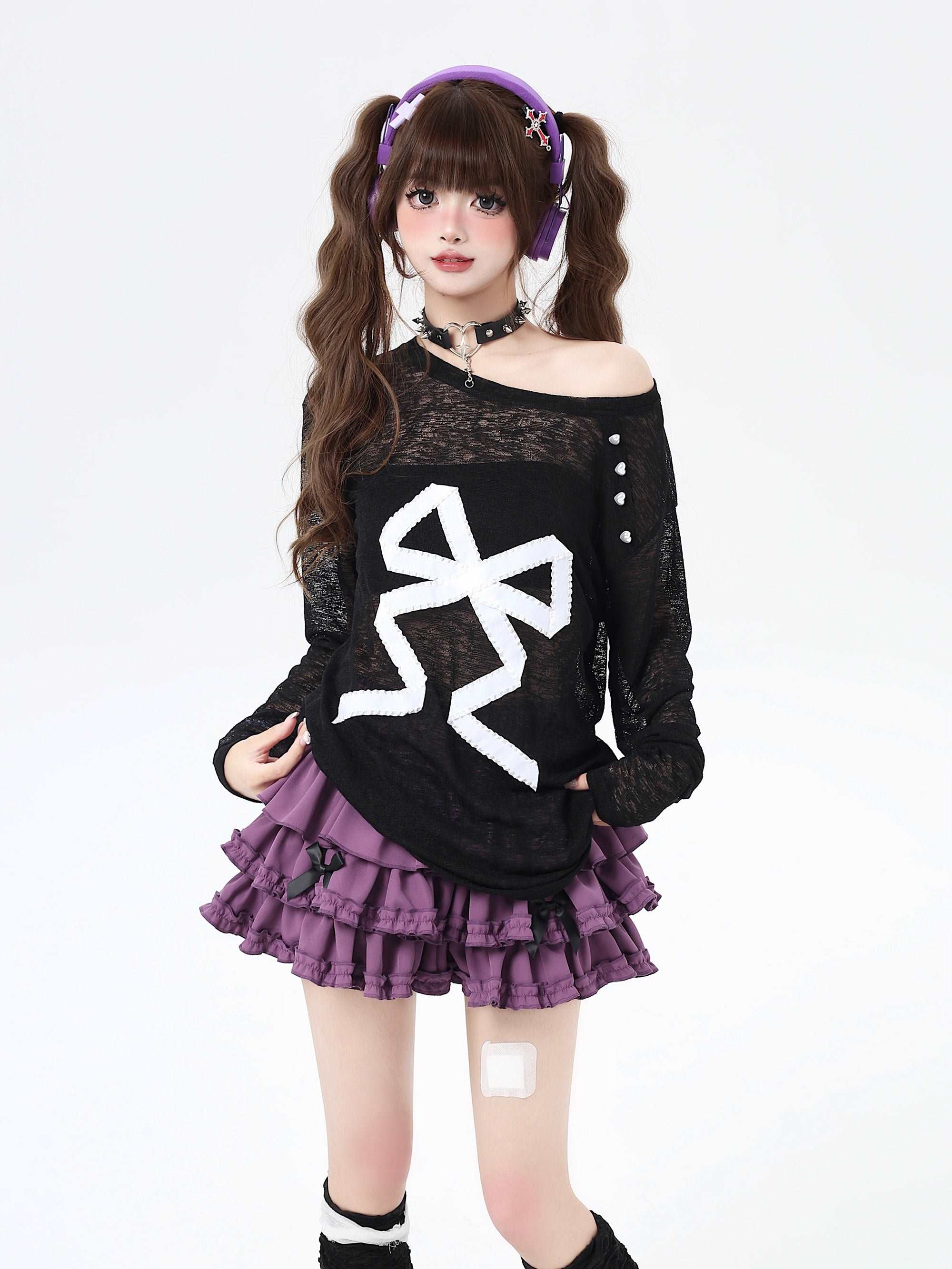 Crazy Girl Bow Black Pink Sheer Sweater - Image 2