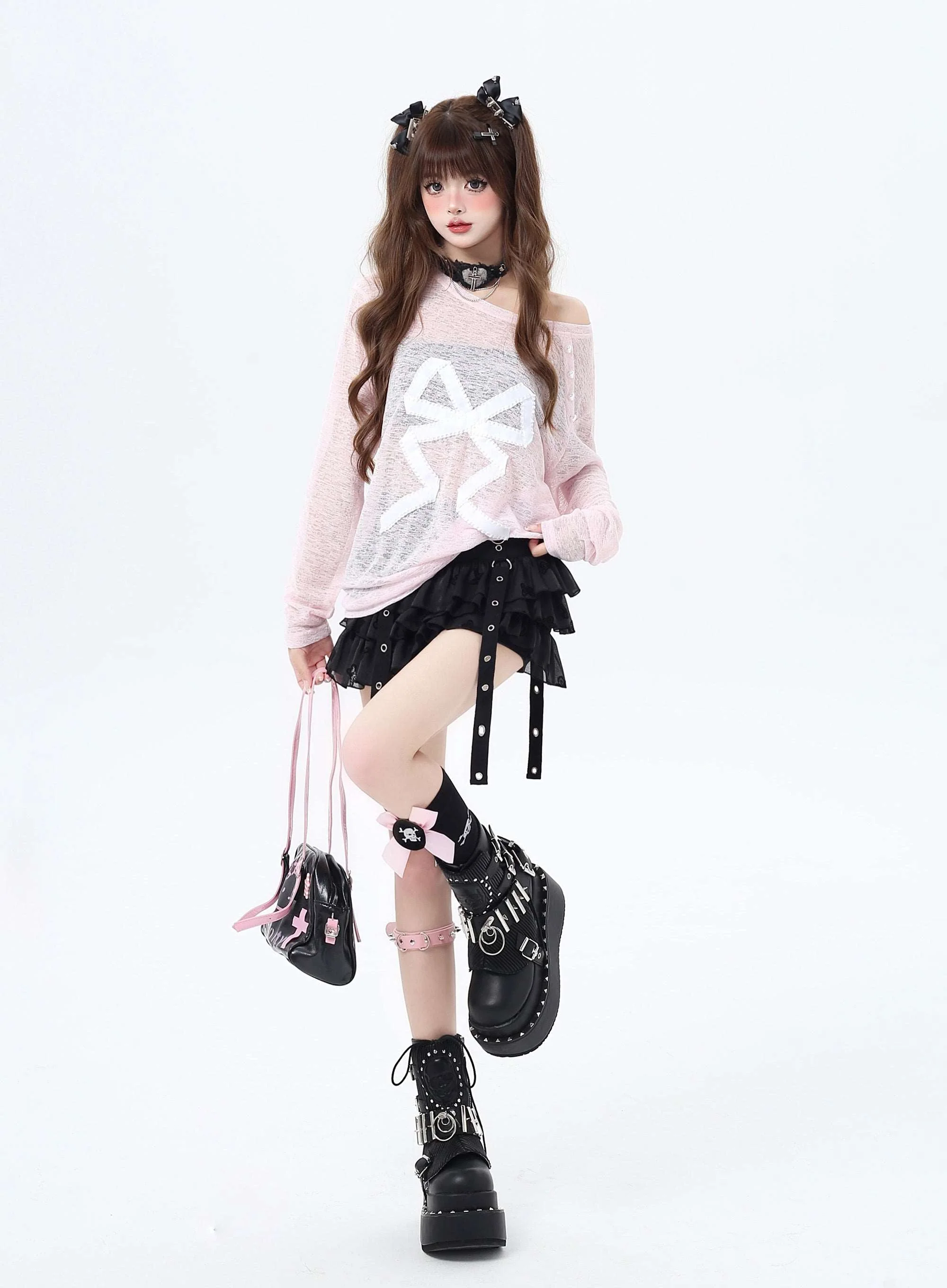 Crazy Girl Bow Black Pink Sheer Sweater - Image 4