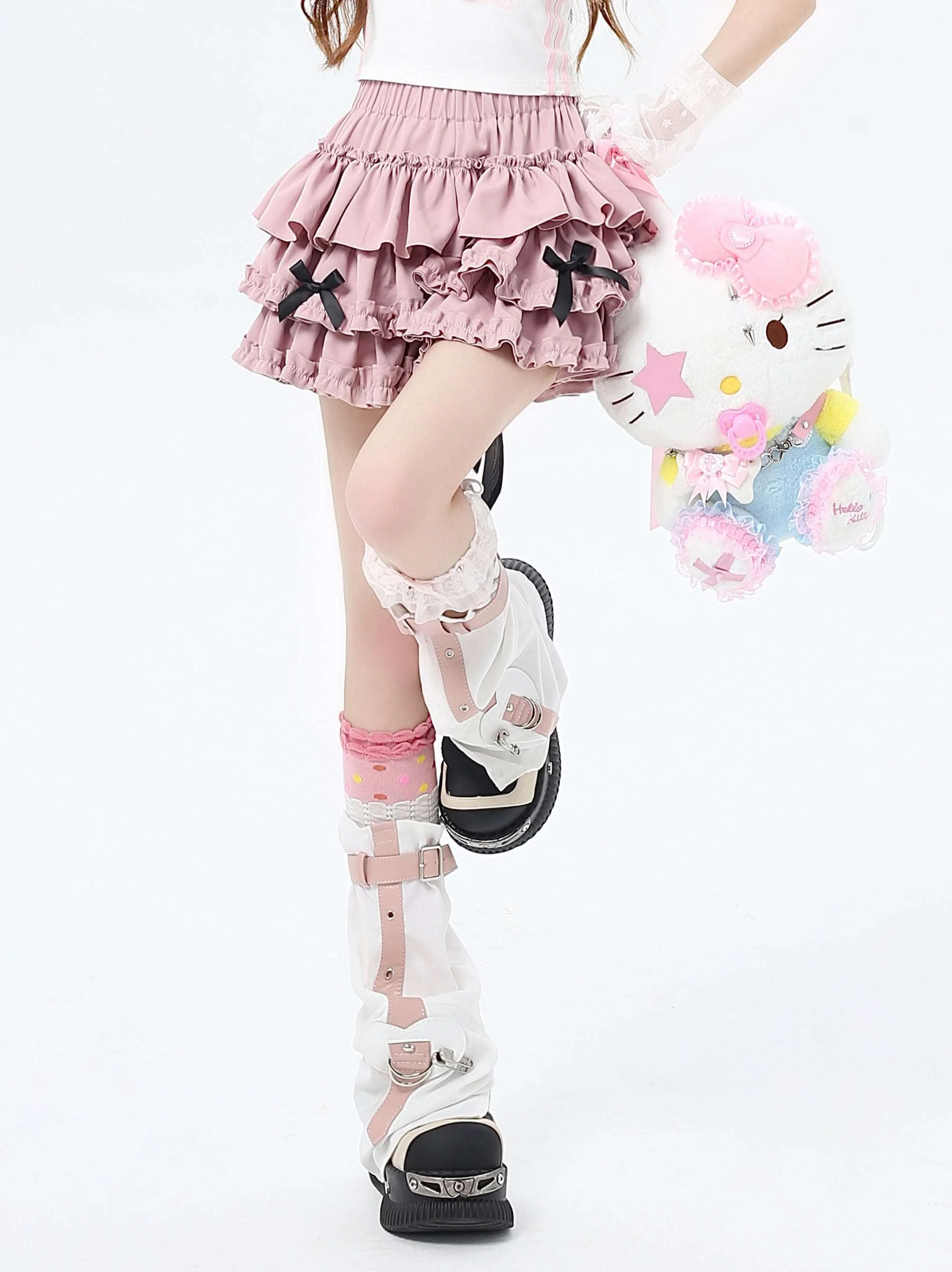 Crazy Girl Bow Of Freedom Pink Black Red Purple Cream Elastic Waist Ruffle Skirt - Image 2
