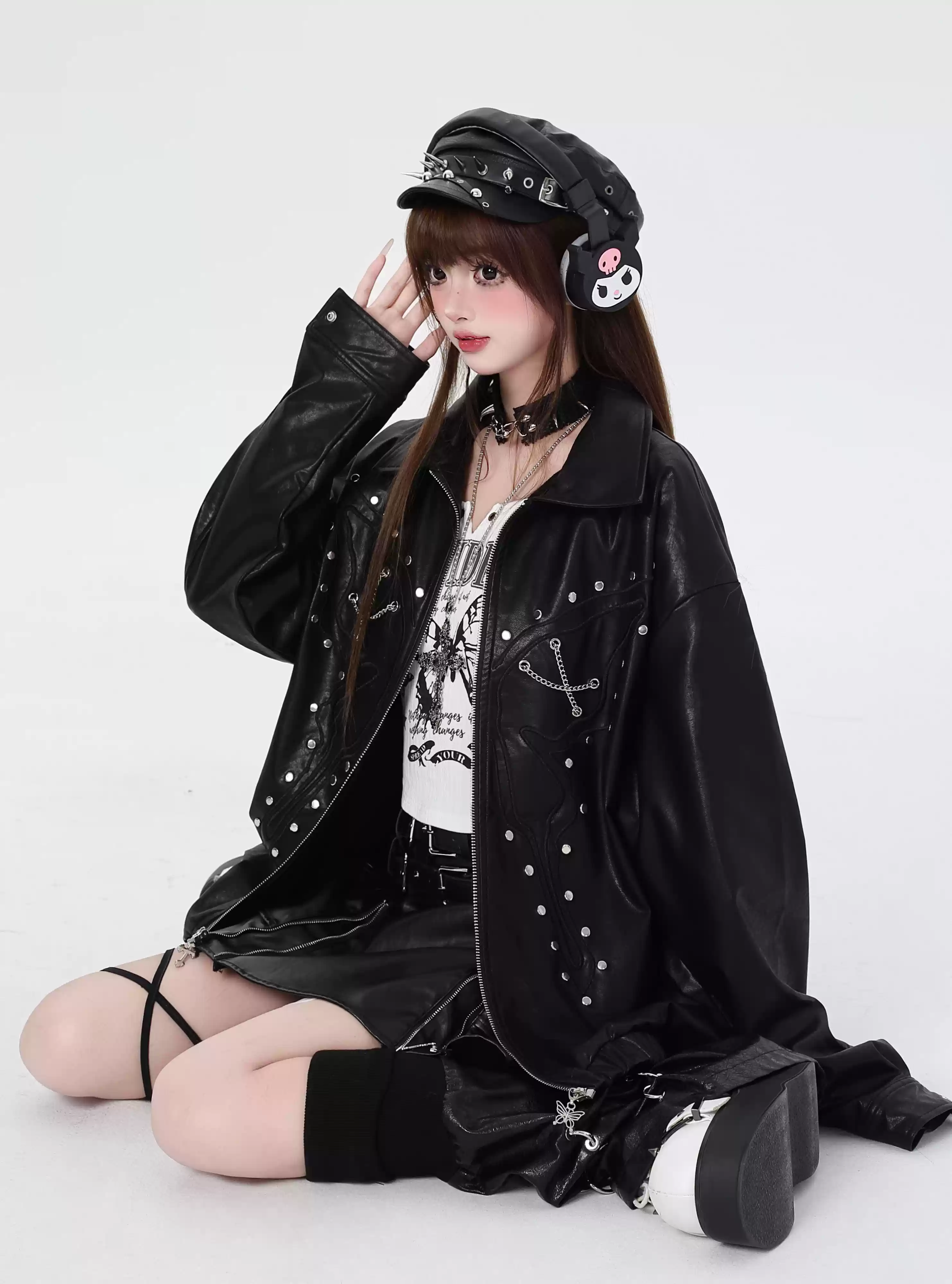 Crazy Girl Butterfly Beads Purple Brown Black Leather Jacket - Image 3