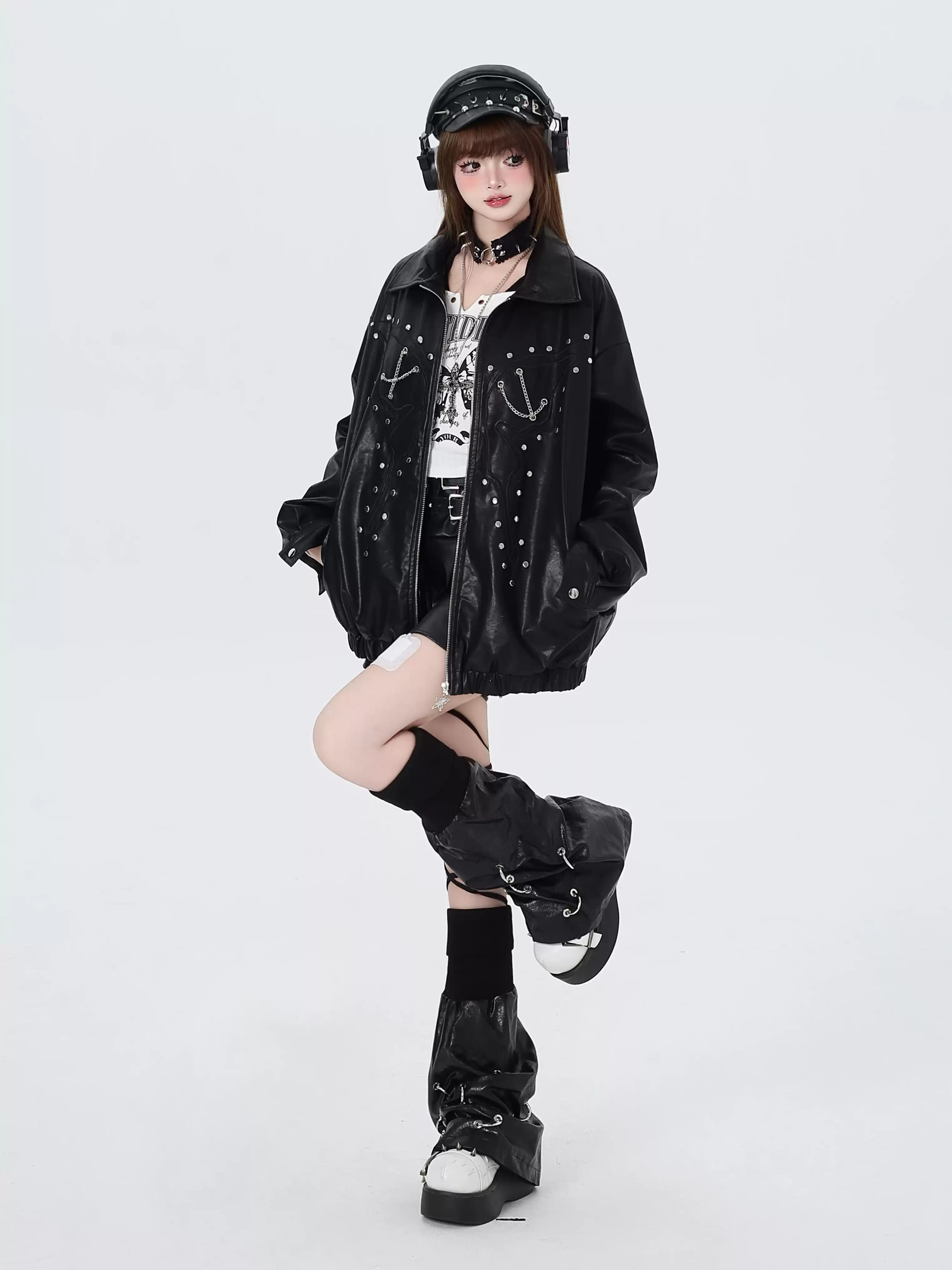 Crazy Girl Butterfly Beads Purple Brown Black Leather Jacket - Image 4