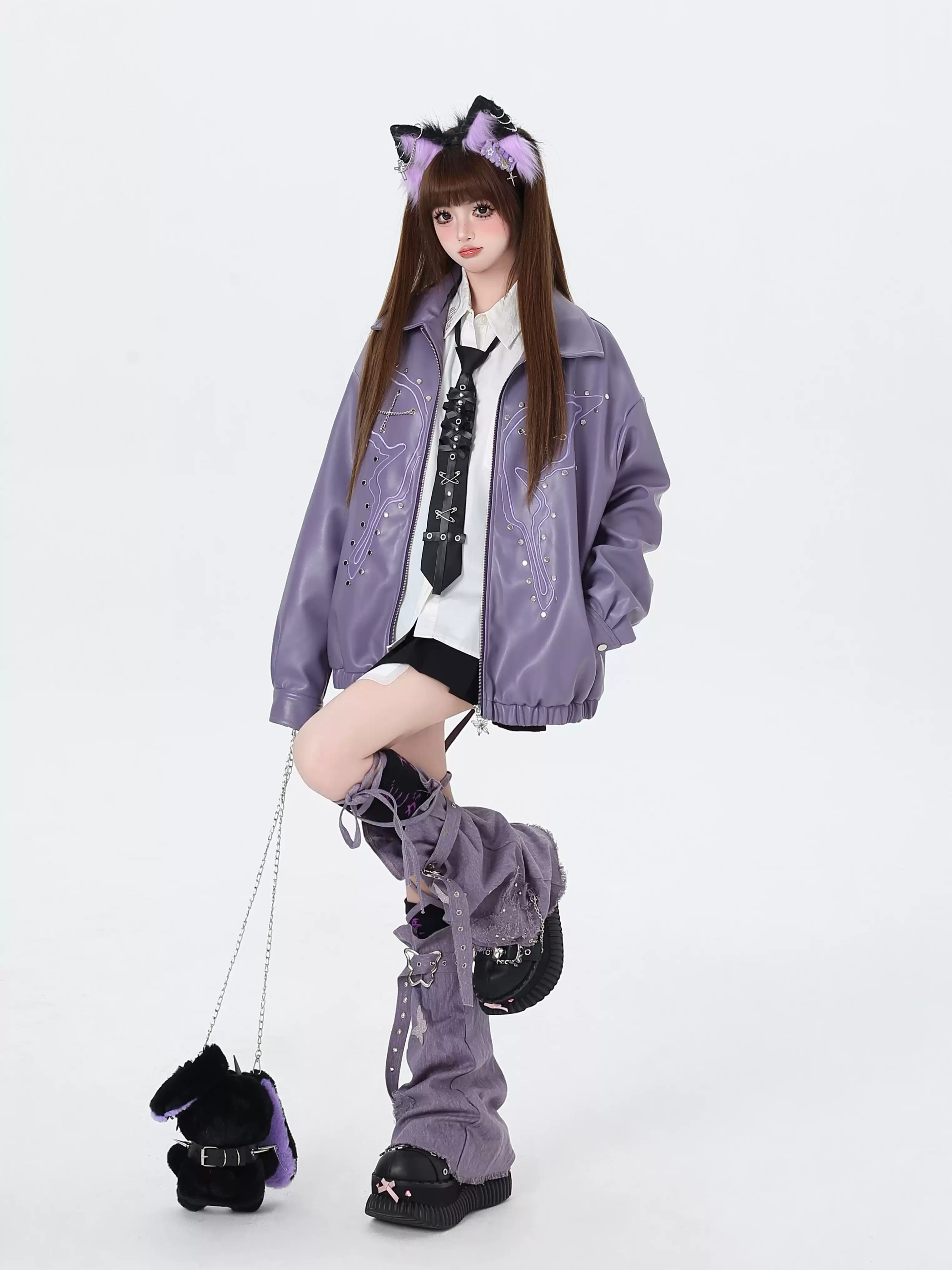 Crazy Girl Butterfly Beads Purple Brown Black Leather Jacket - Image 5