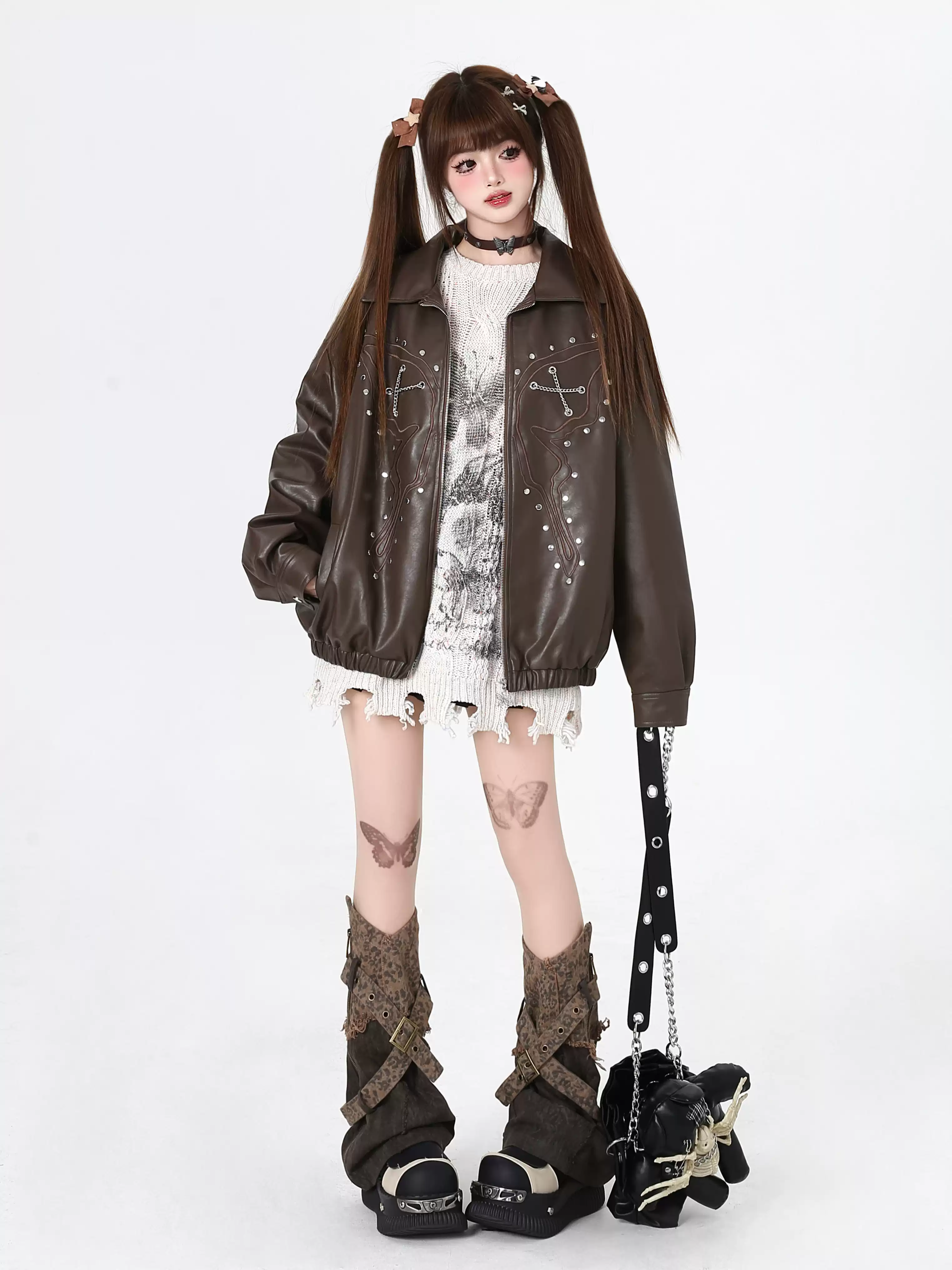 Crazy Girl Butterfly Beads Purple Brown Black Leather Jacket - Image 6