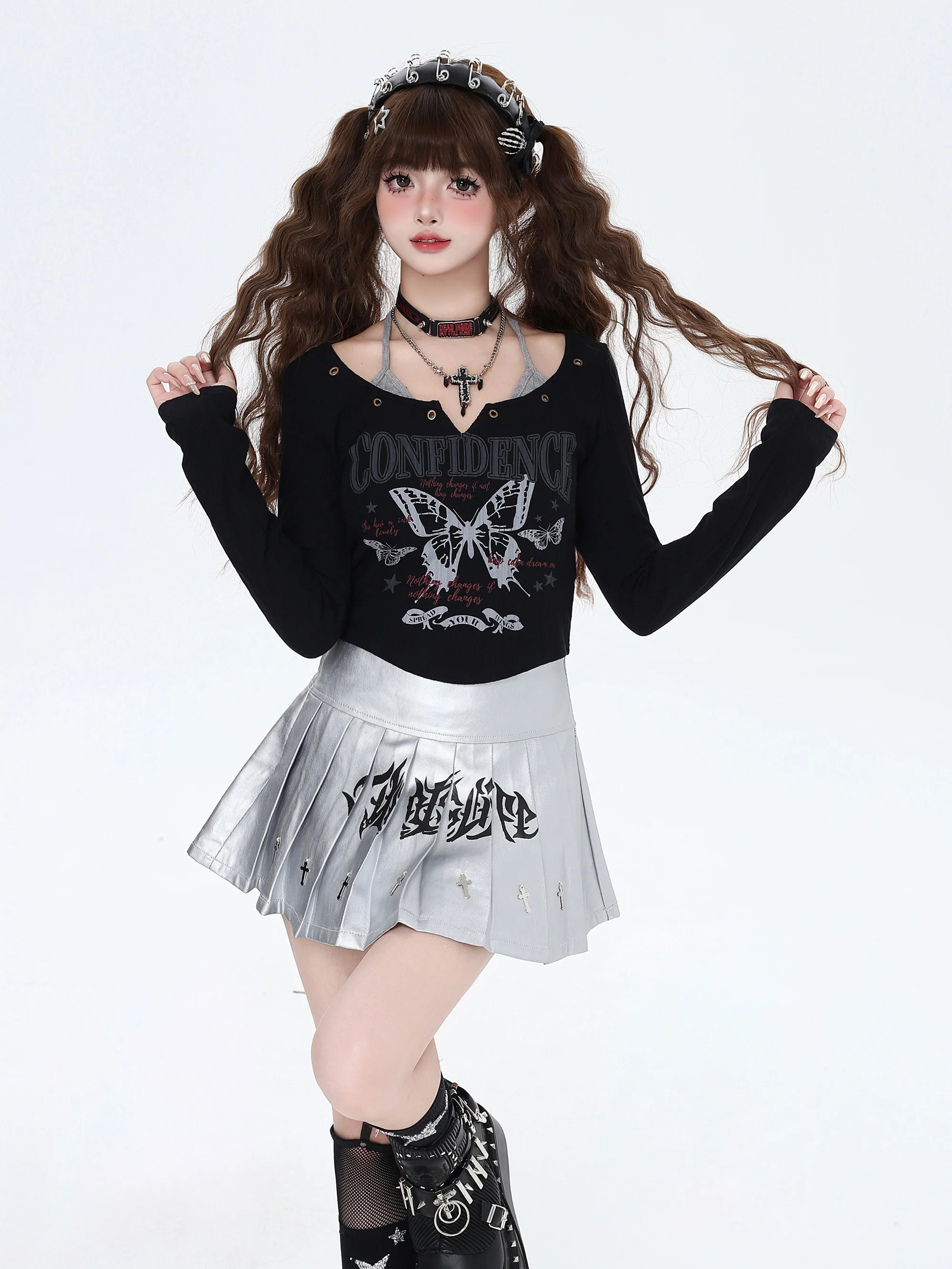 Crazy Girl Butterfly Confidence Graffiti Black White Shirt Top - Image 2