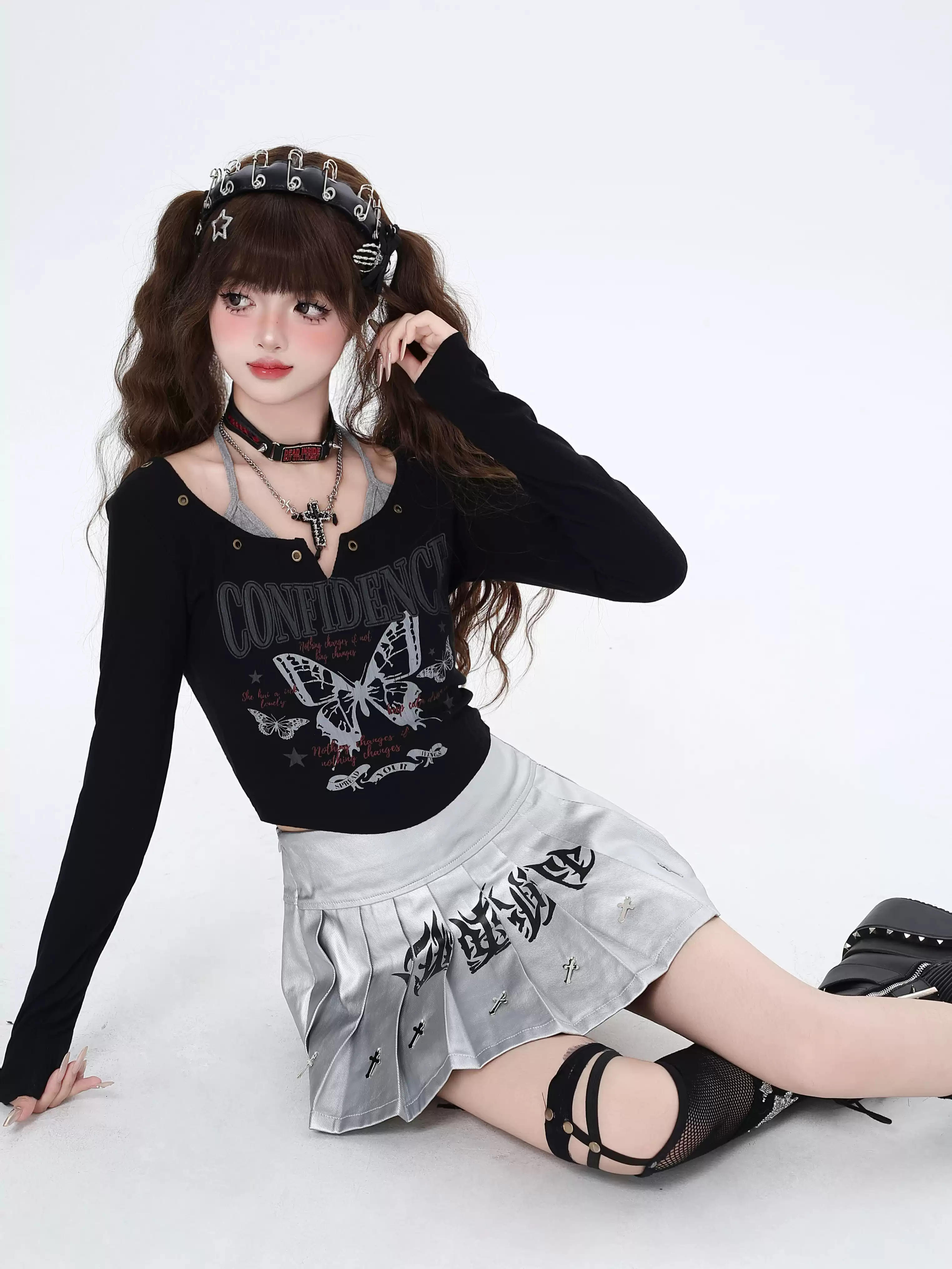 Crazy Girl Butterfly Confidence Graffiti Black White Shirt Top - Image 3