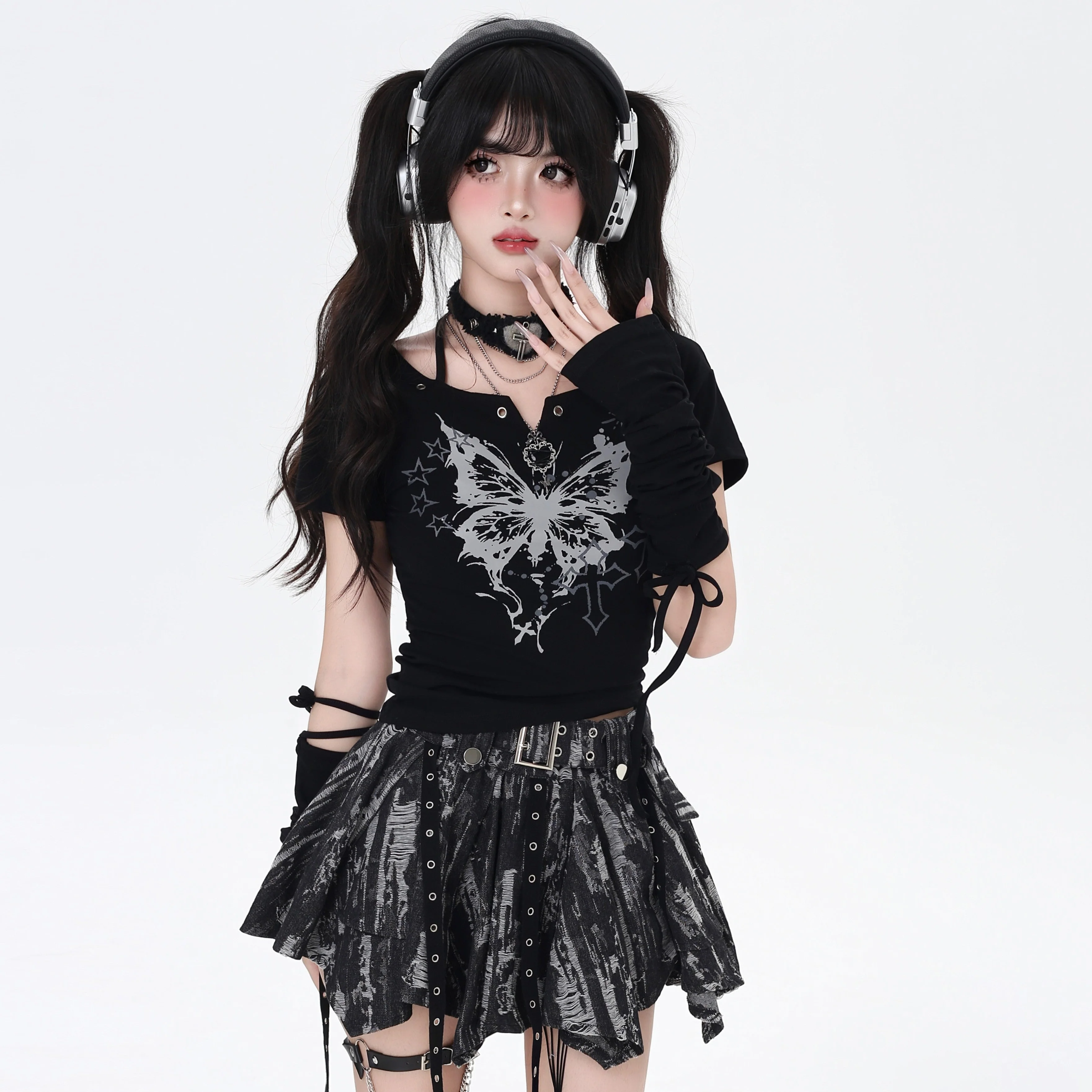 Crazy Girl Butterfly Fragments Black White Top & Arm Warmers