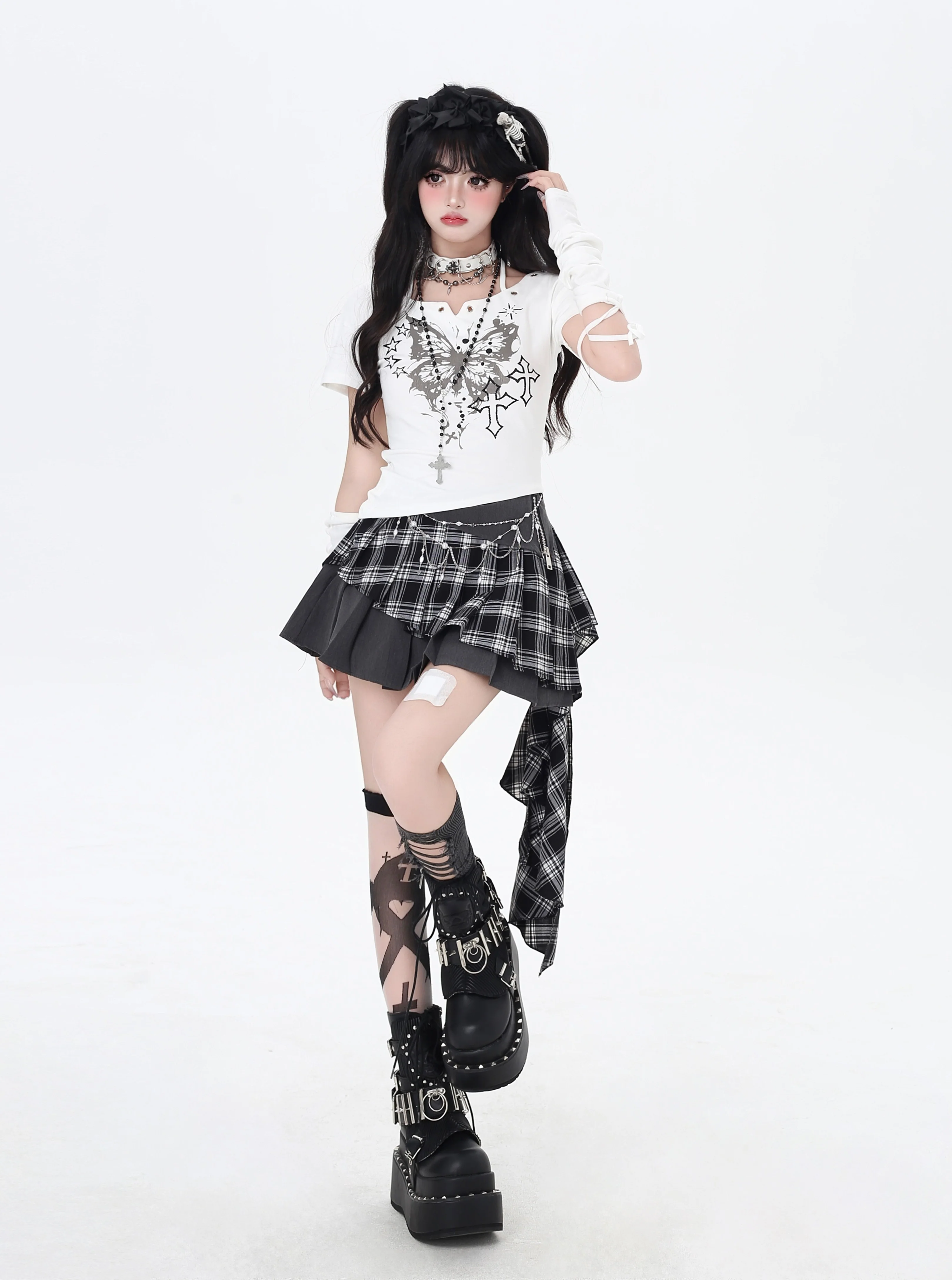 Crazy Girl Butterfly Fragments Black White Top & Arm Warmers - Image 5
