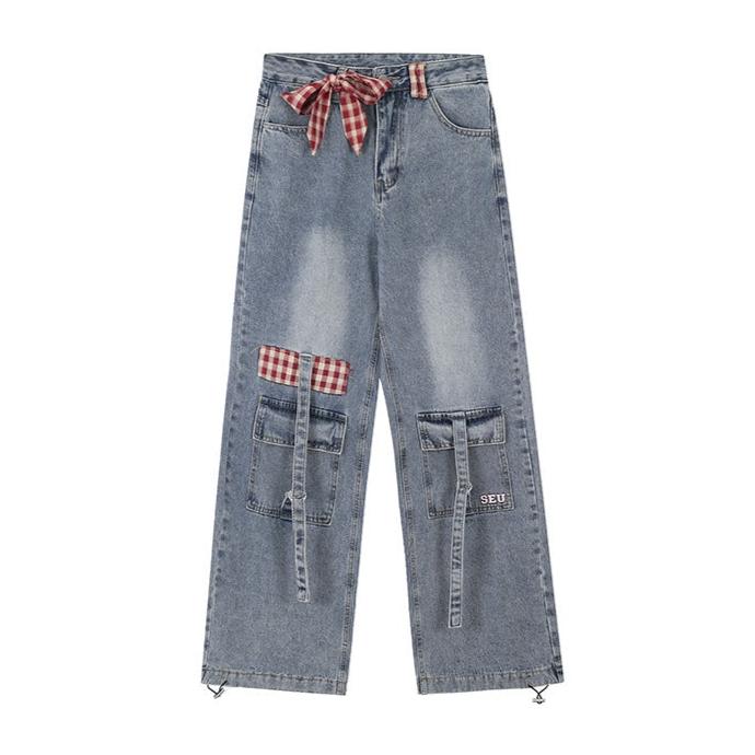 Crazy Girl Country Girl Red Plaid Blue Denim Baggy Pants - Image 2