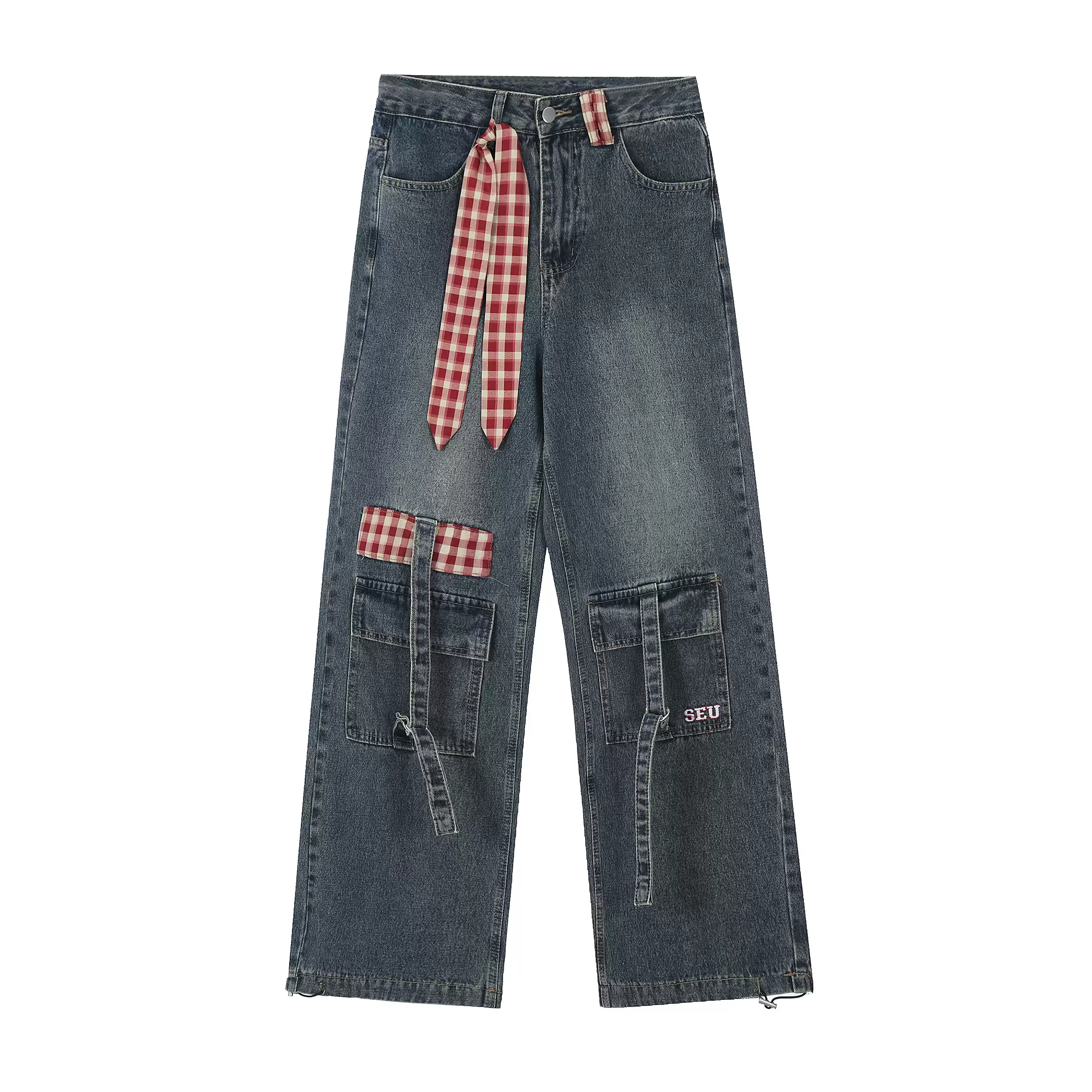 Crazy Girl Country Girl Red Plaid Blue Denim Baggy Pants - Image 3