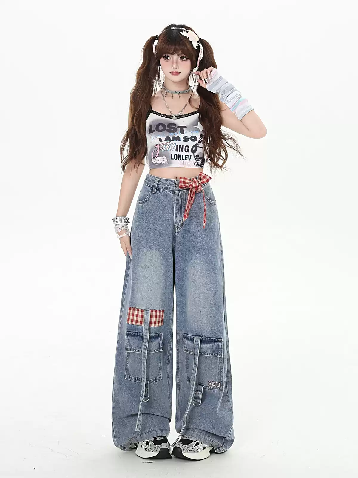 Crazy Girl Country Girl Red Plaid Blue Denim Baggy Pants - Image 4