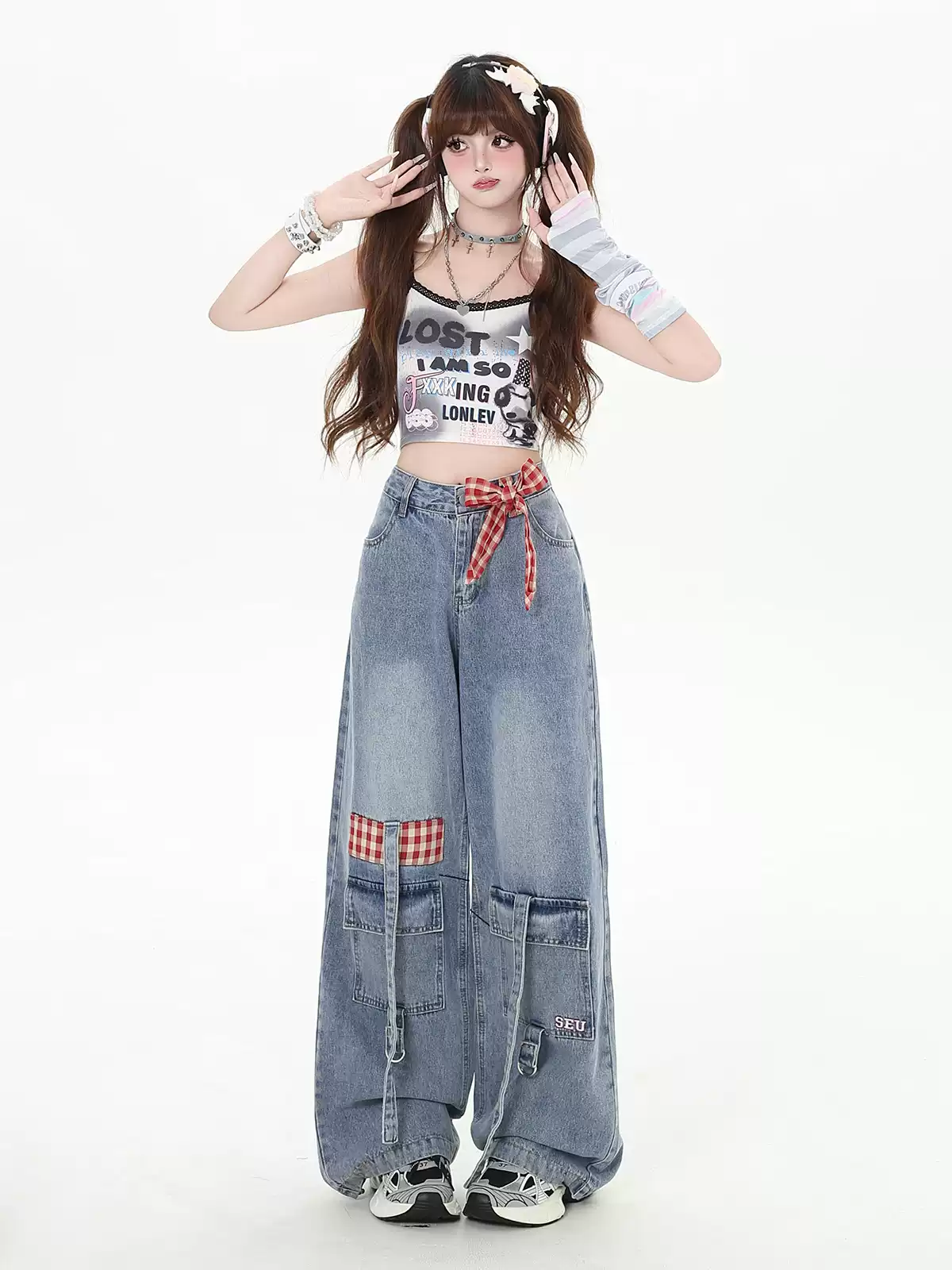 Crazy Girl Country Girl Red Plaid Blue Denim Baggy Pants - Image 5