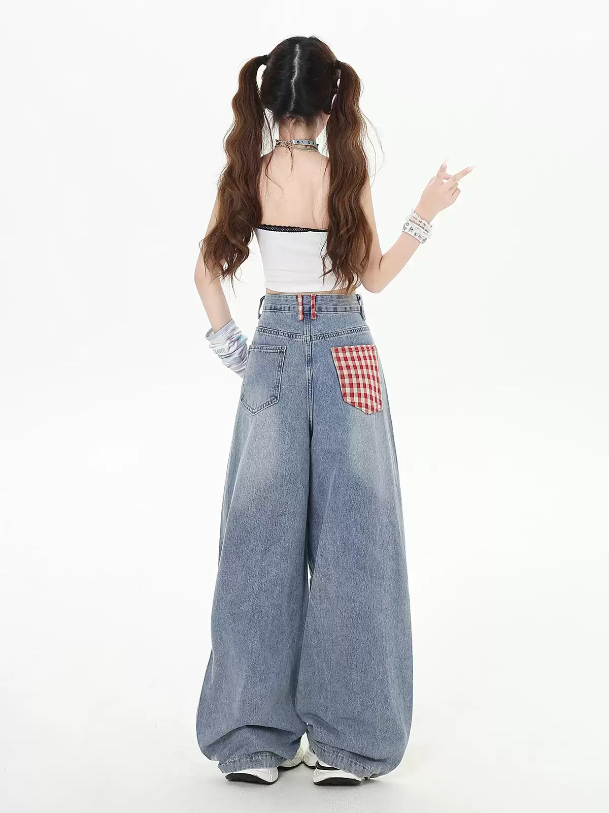 Crazy Girl Country Girl Red Plaid Blue Denim Baggy Pants - Image 6