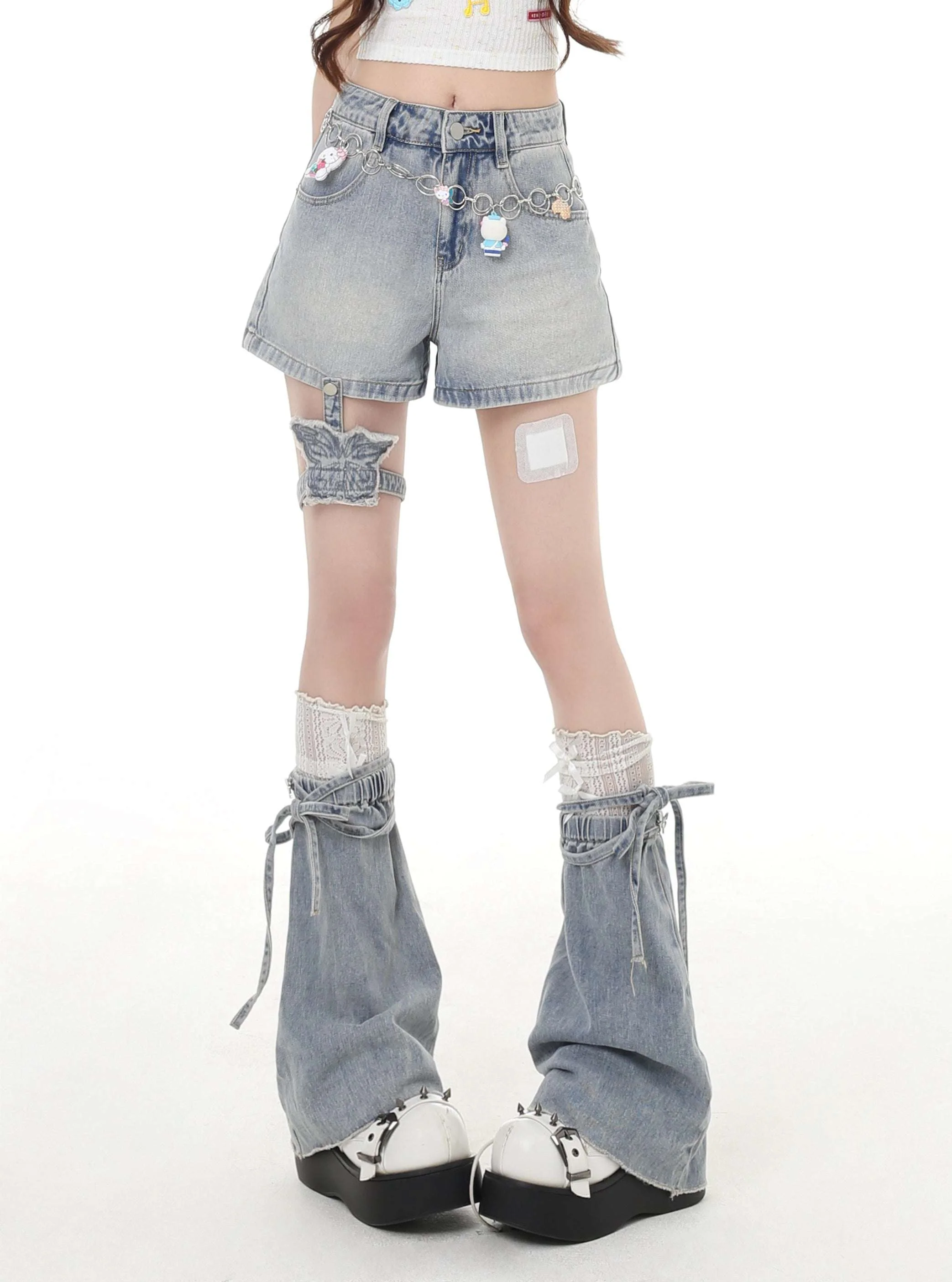 Crazy Girl Crushed Ice Blue Denim Shorts & Leg Warmers - Image 3