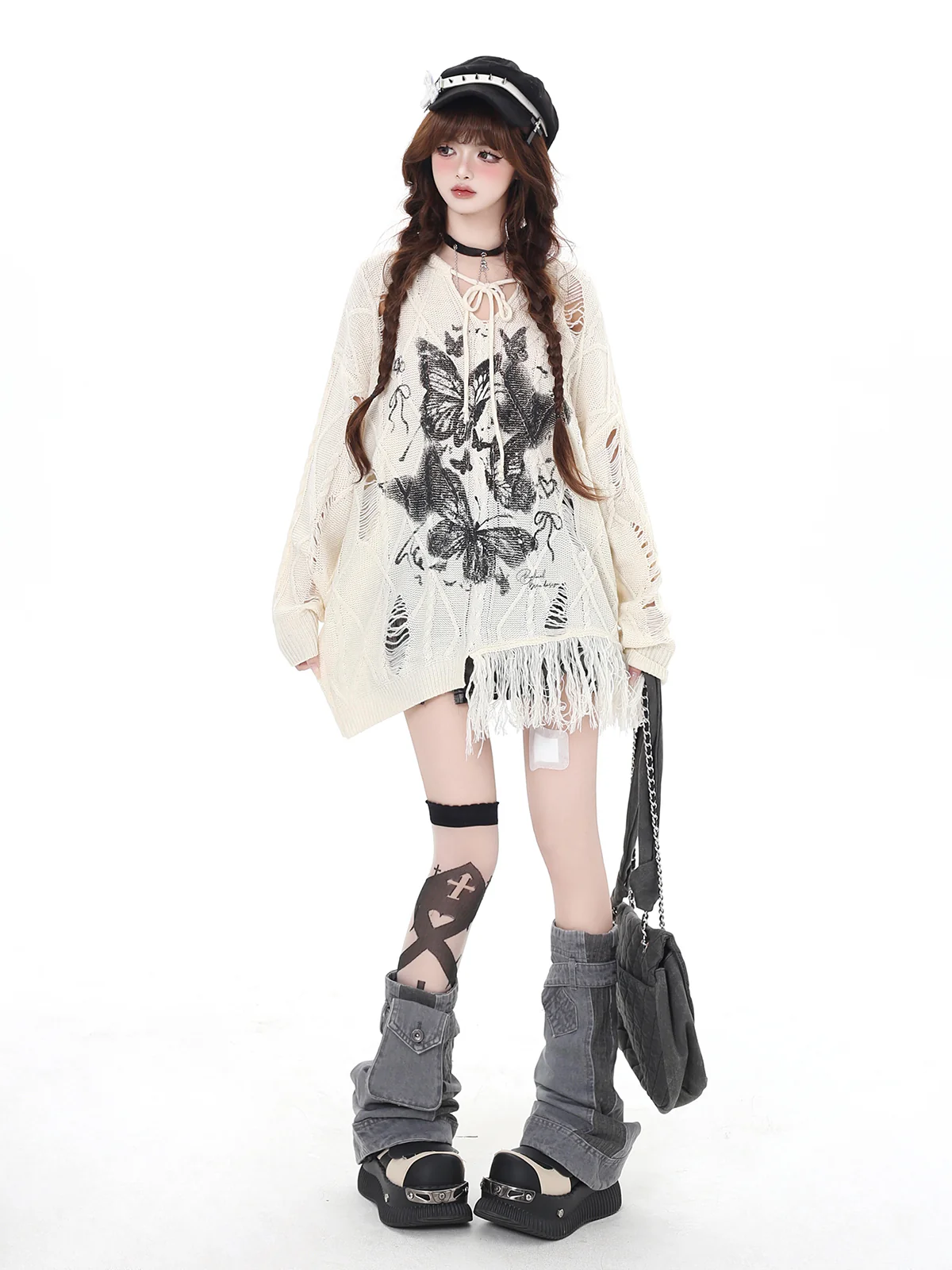 Crazy Girl Deep Wild Butterfly Black Cream Sweater Top - Image 4