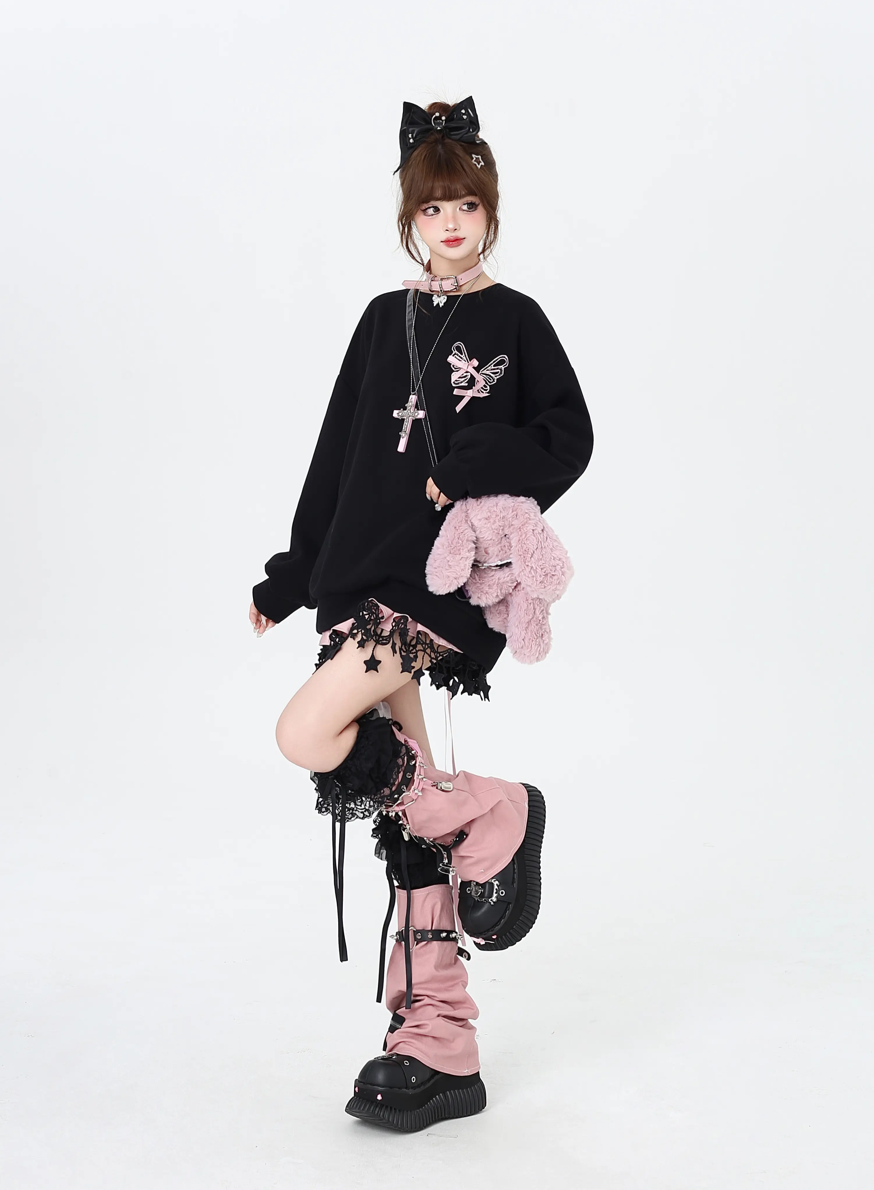 Crazy Girl Dream Cracks Zig Zag Bow Pink Black White Purple Sweater - Image 10