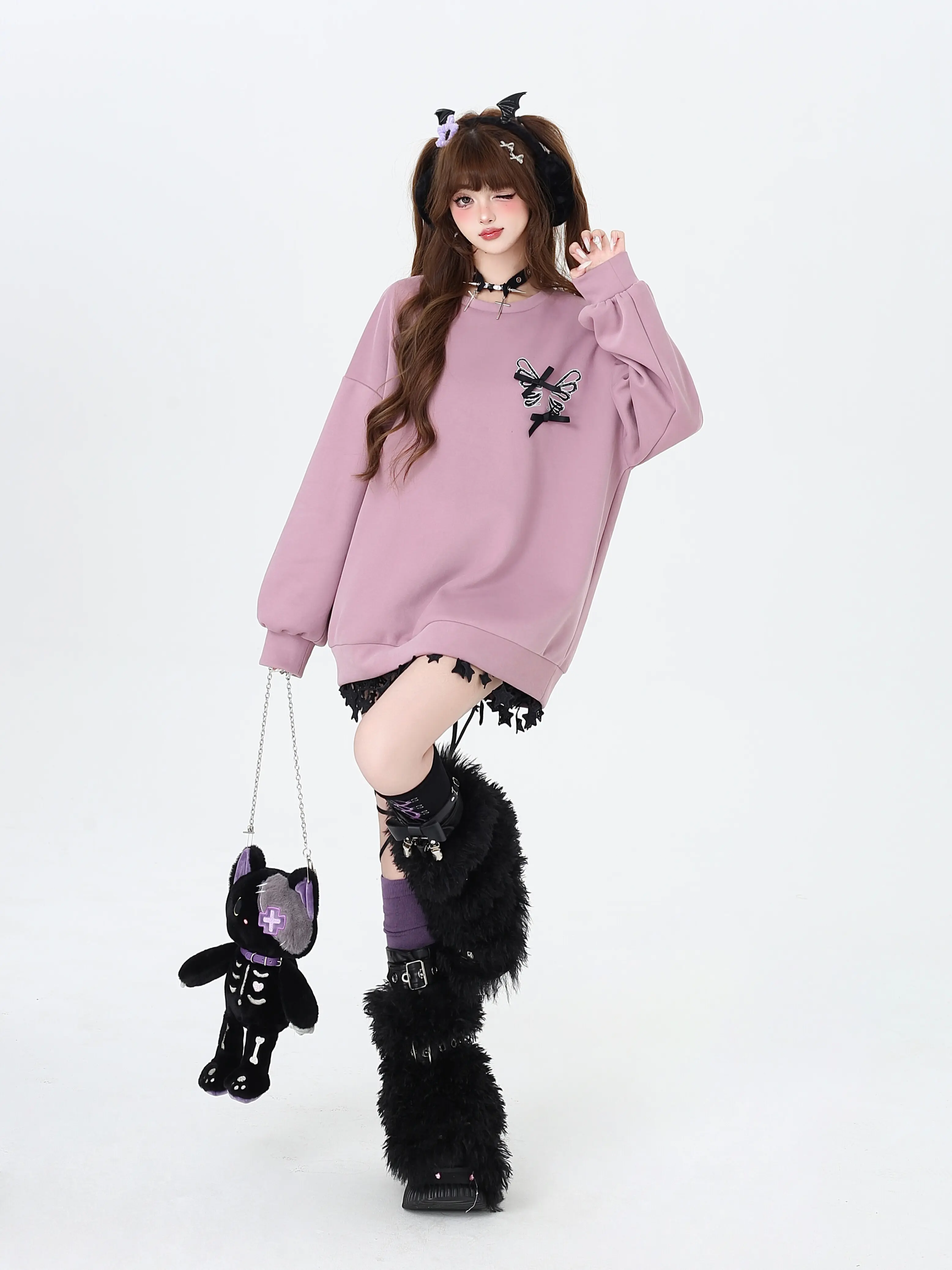 Crazy Girl Dream Cracks Zig Zag Bow Pink Black White Purple Sweater - Image 11