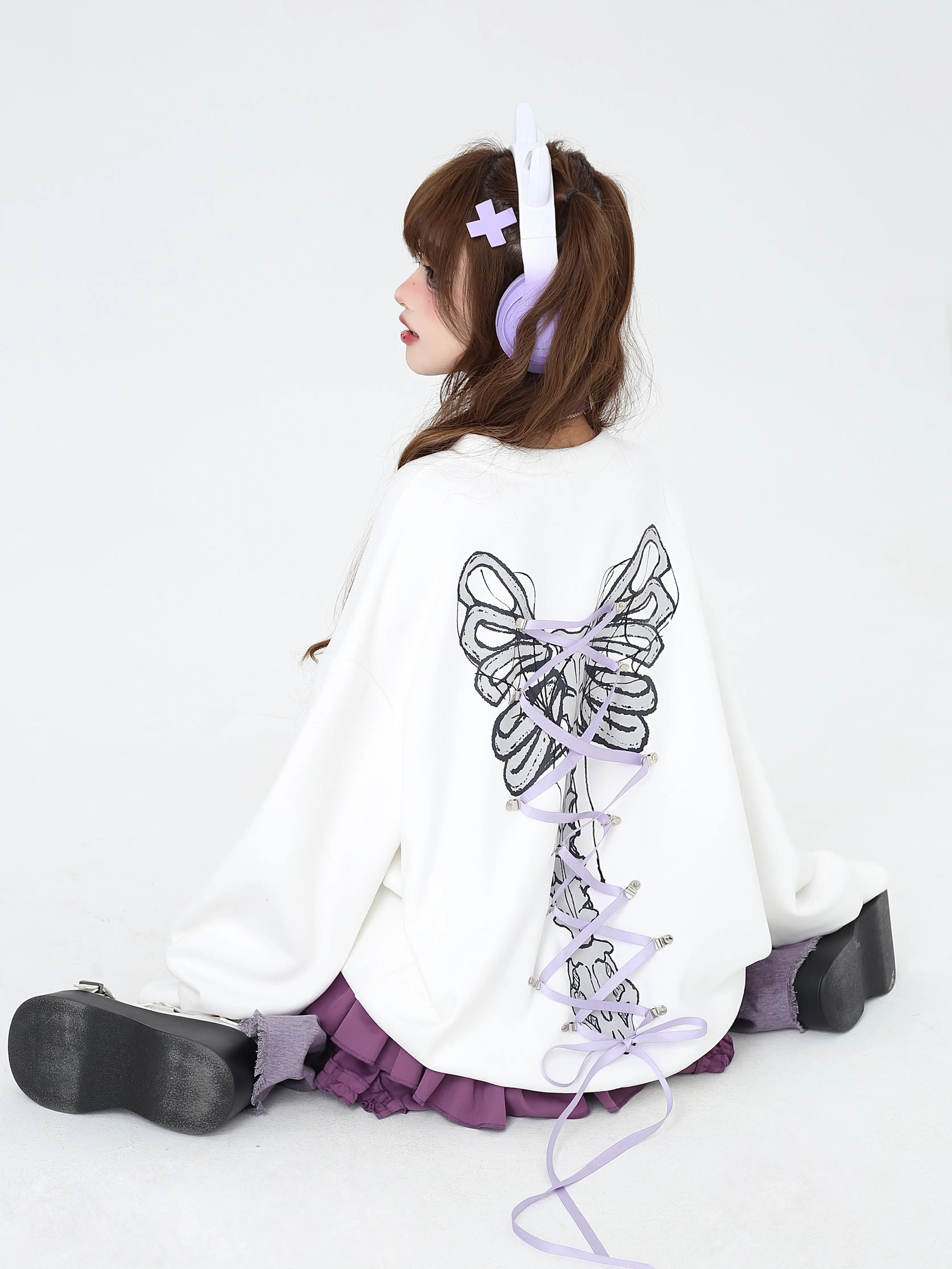 Crazy Girl Dream Cracks Zig Zag Bow Pink Black White Purple Sweater - Image 2