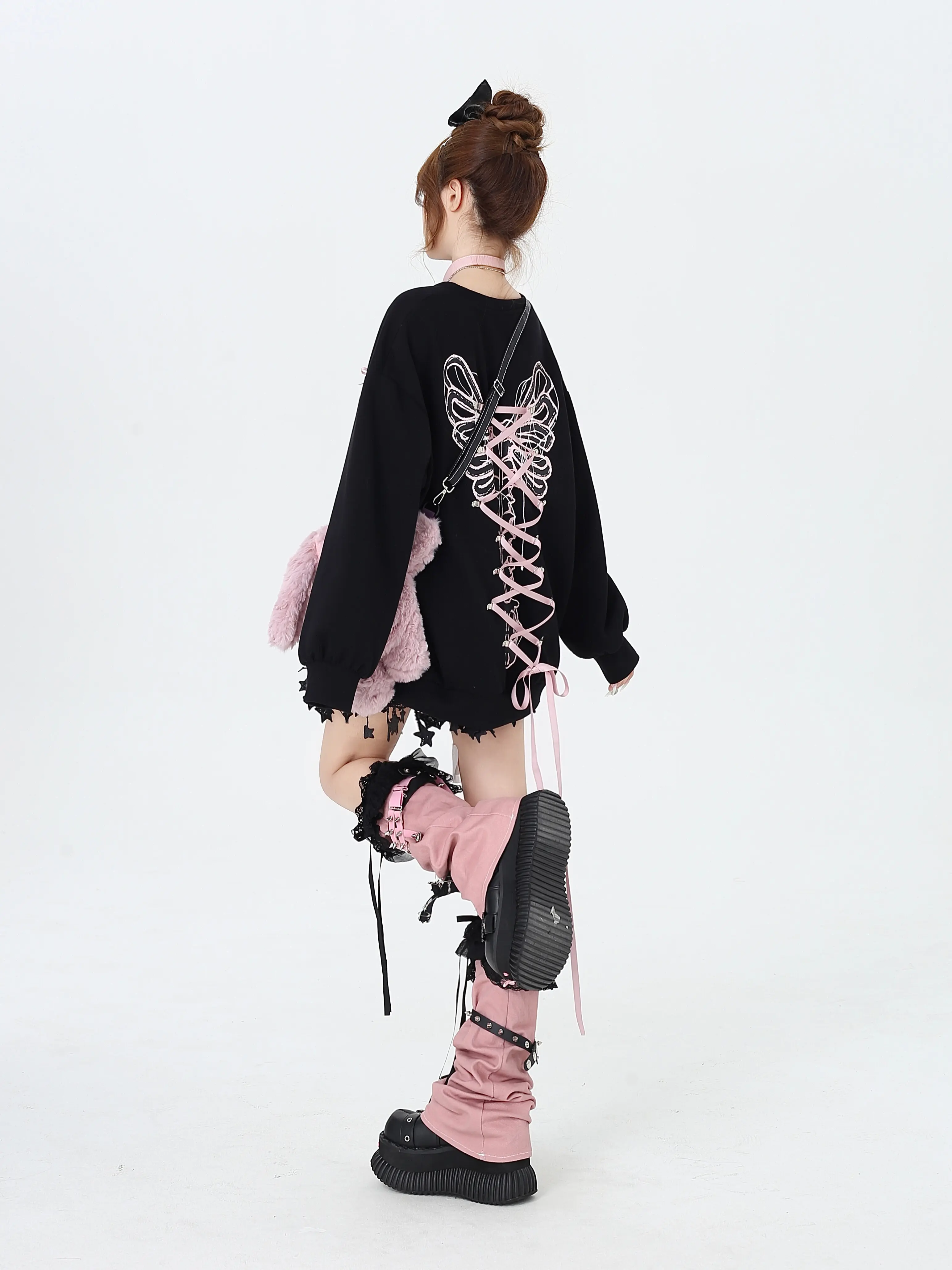 Crazy Girl Dream Cracks Zig Zag Bow Pink Black White Purple Sweater - Image 3