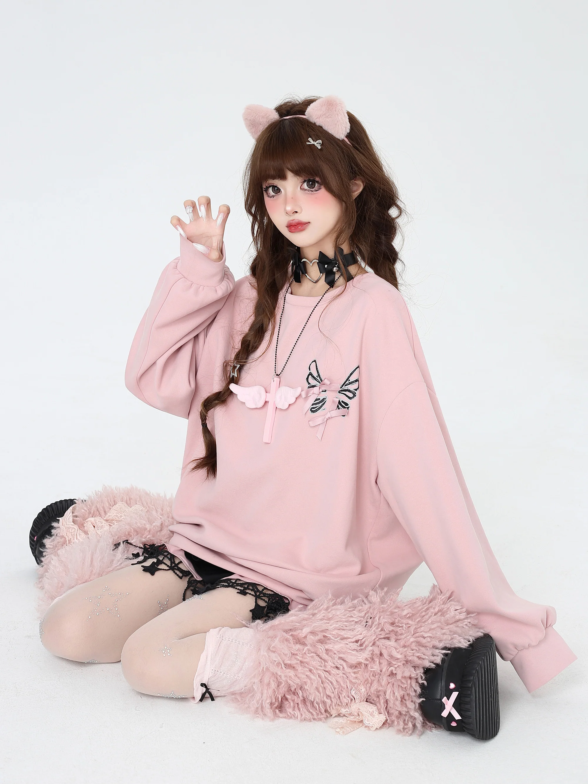 Crazy Girl Dream Cracks Zig Zag Bow Pink Black White Purple Sweater - Image 6
