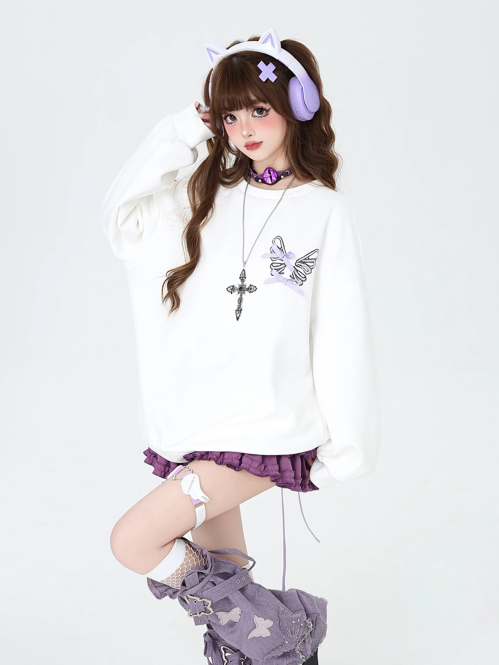 Crazy Girl Dream Cracks Zig Zag Bow Pink Black White Purple Sweater - Image 8