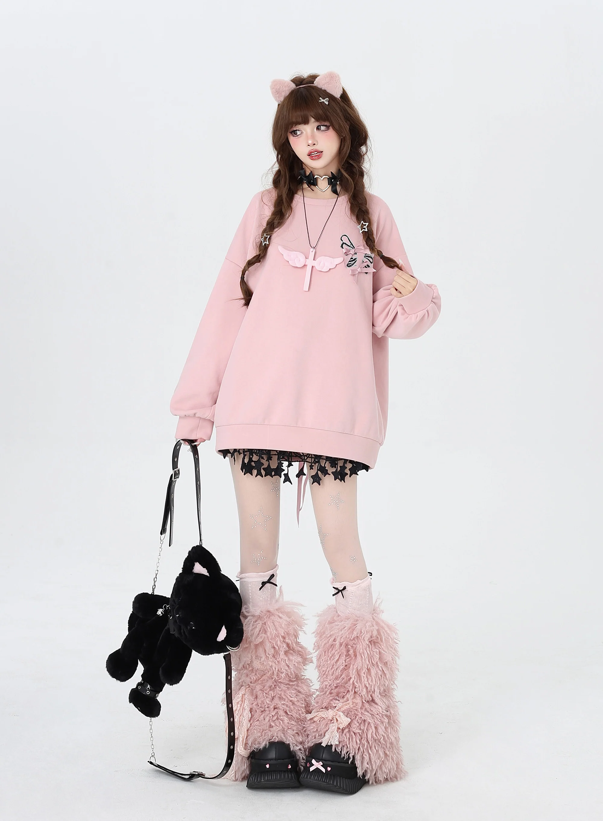 Crazy Girl Dream Cracks Zig Zag Bow Pink Black White Purple Sweater - Image 9
