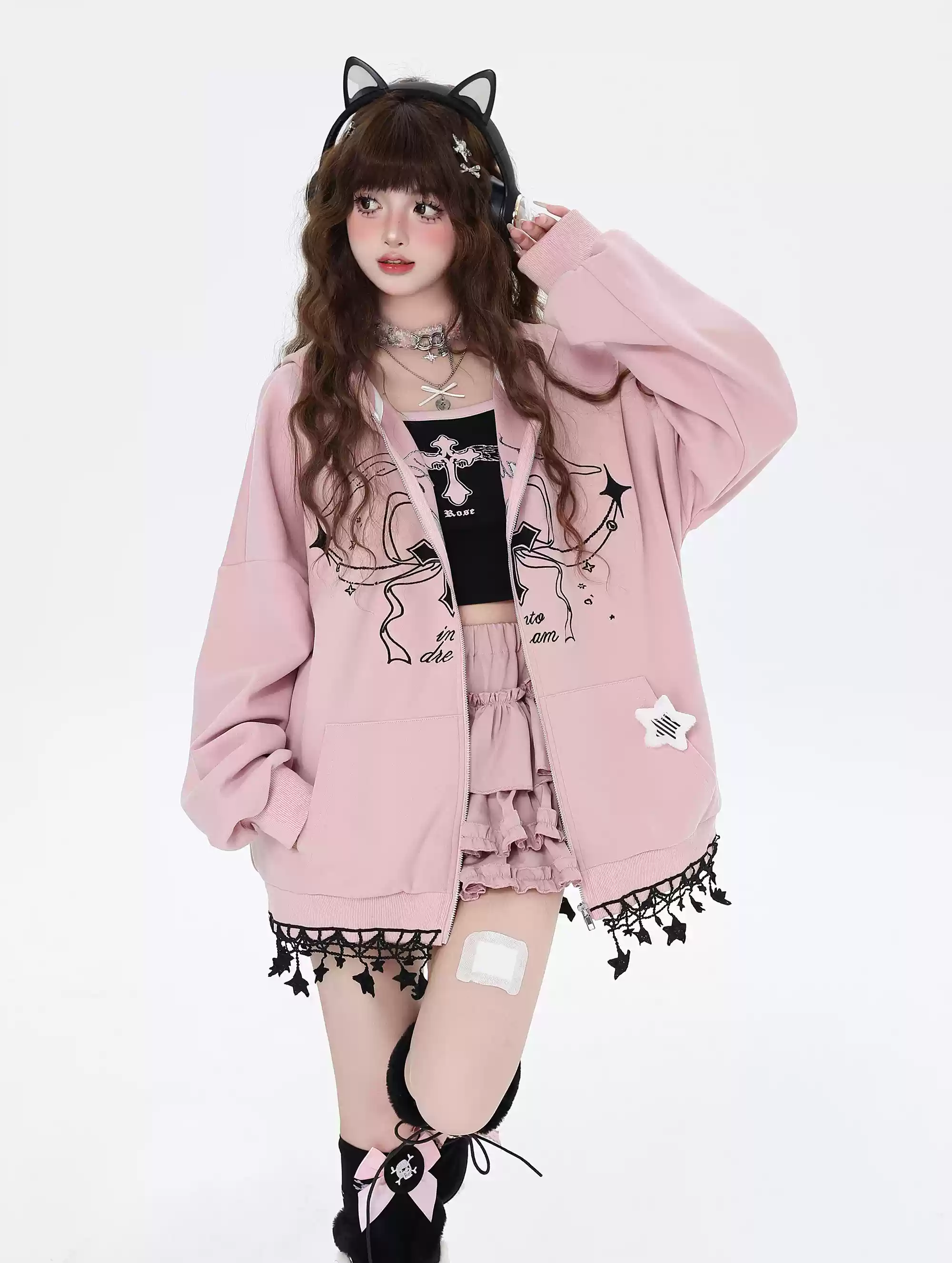 Crazy Girl Dream Lover Cross Pink Black Cream Jacket Hoodie - Image 2