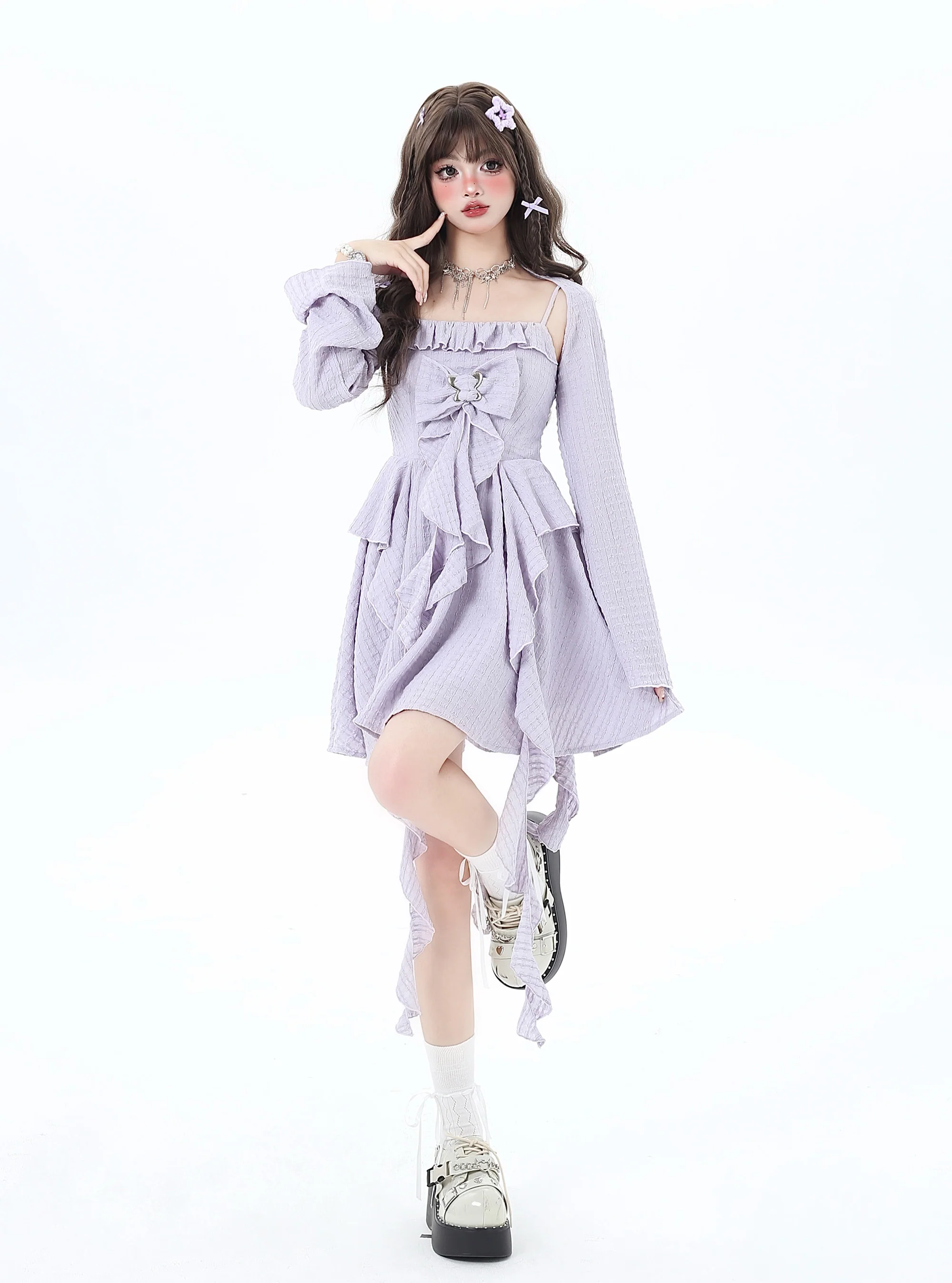 Crazy Girl Endless Summer Black Pink Cream Purple Dress Cardigan Shrug Two Piece Set - Image 11