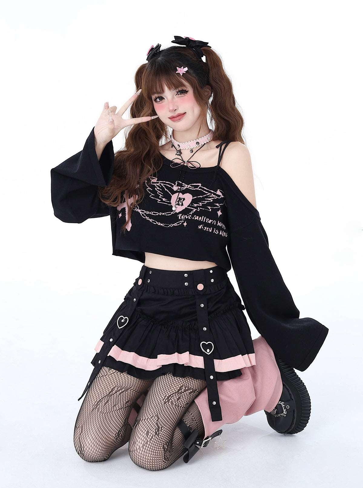 Crazy Girl First Love Concerto Heart Wings Y2K Pink Black Shirt Top - Image 2