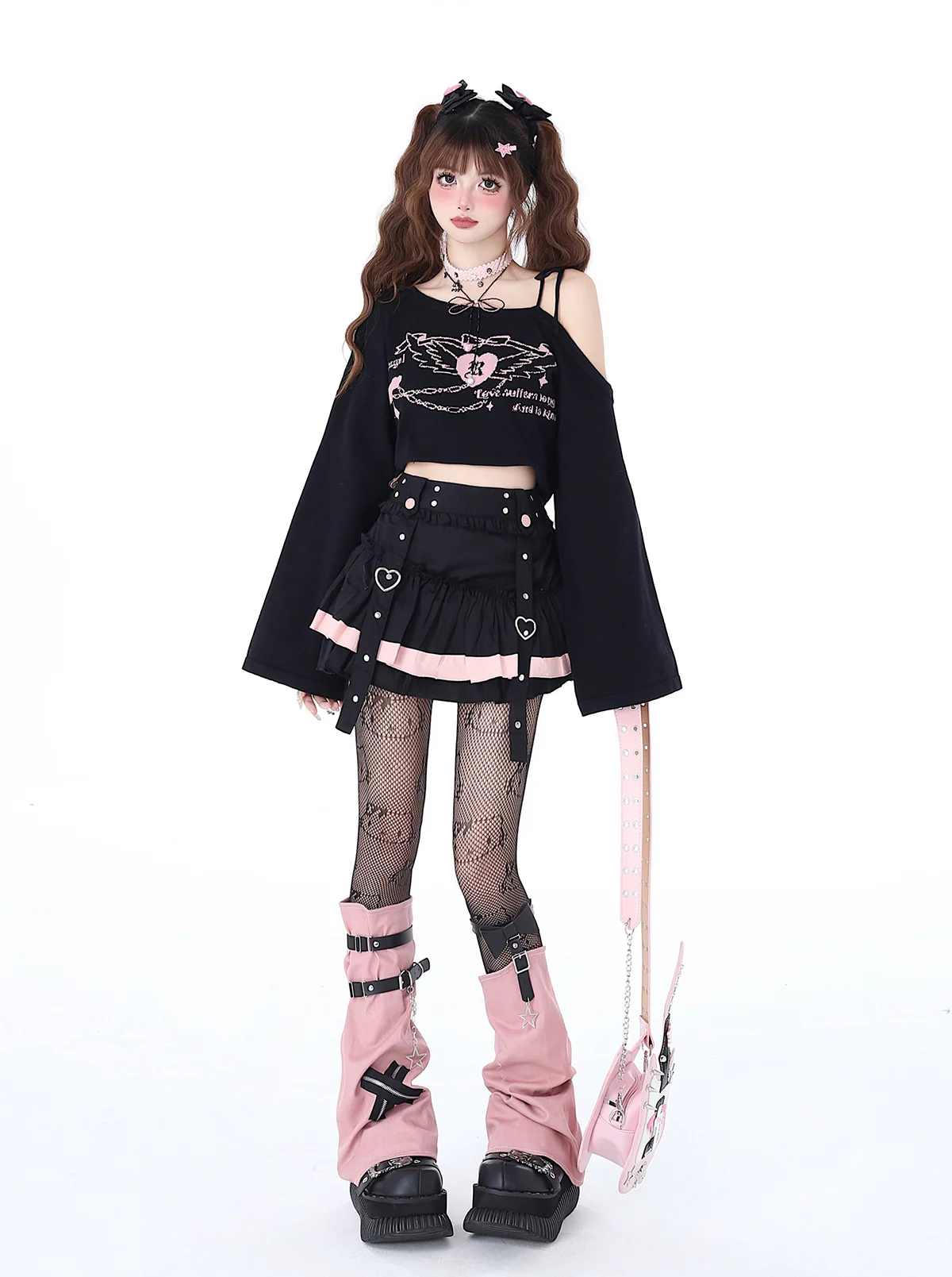 Crazy Girl First Love Concerto Heart Wings Y2K Pink Black Shirt Top - Image 7