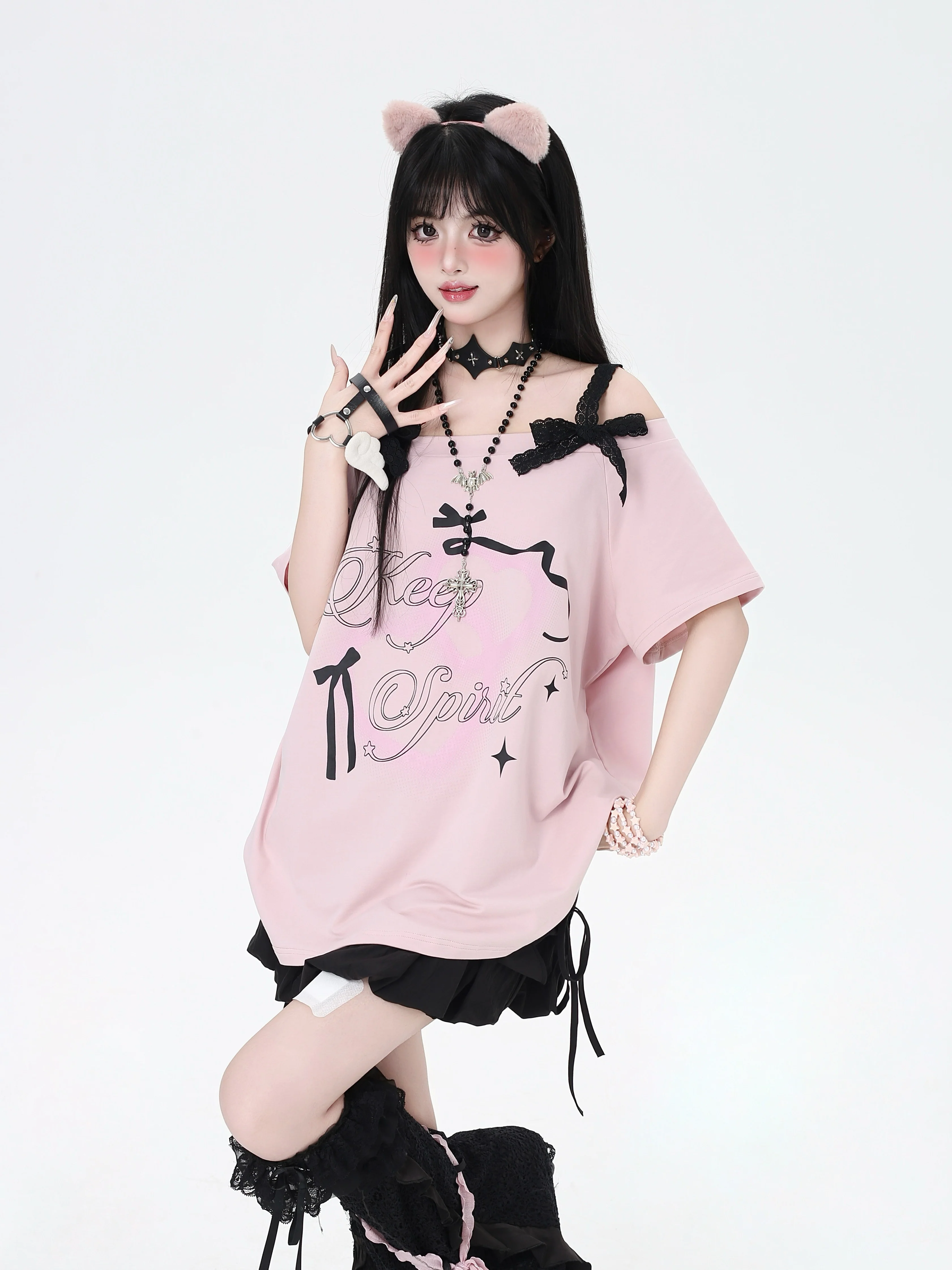 Crazy Girl First Love Notes Pink Black Top - Image 2