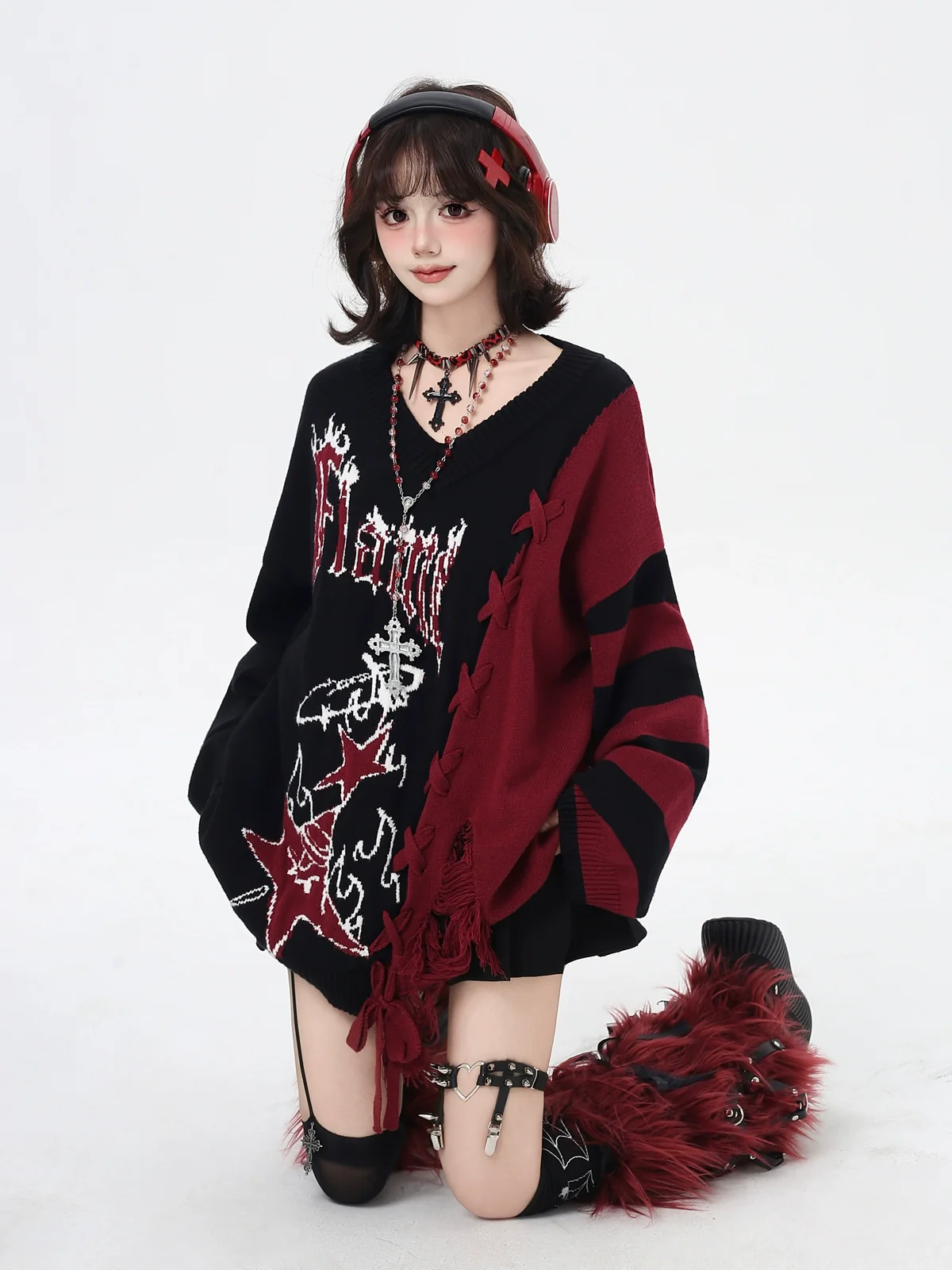 Crazy Girl Flaming Star Blue Red Pullover Sweater - Image 2