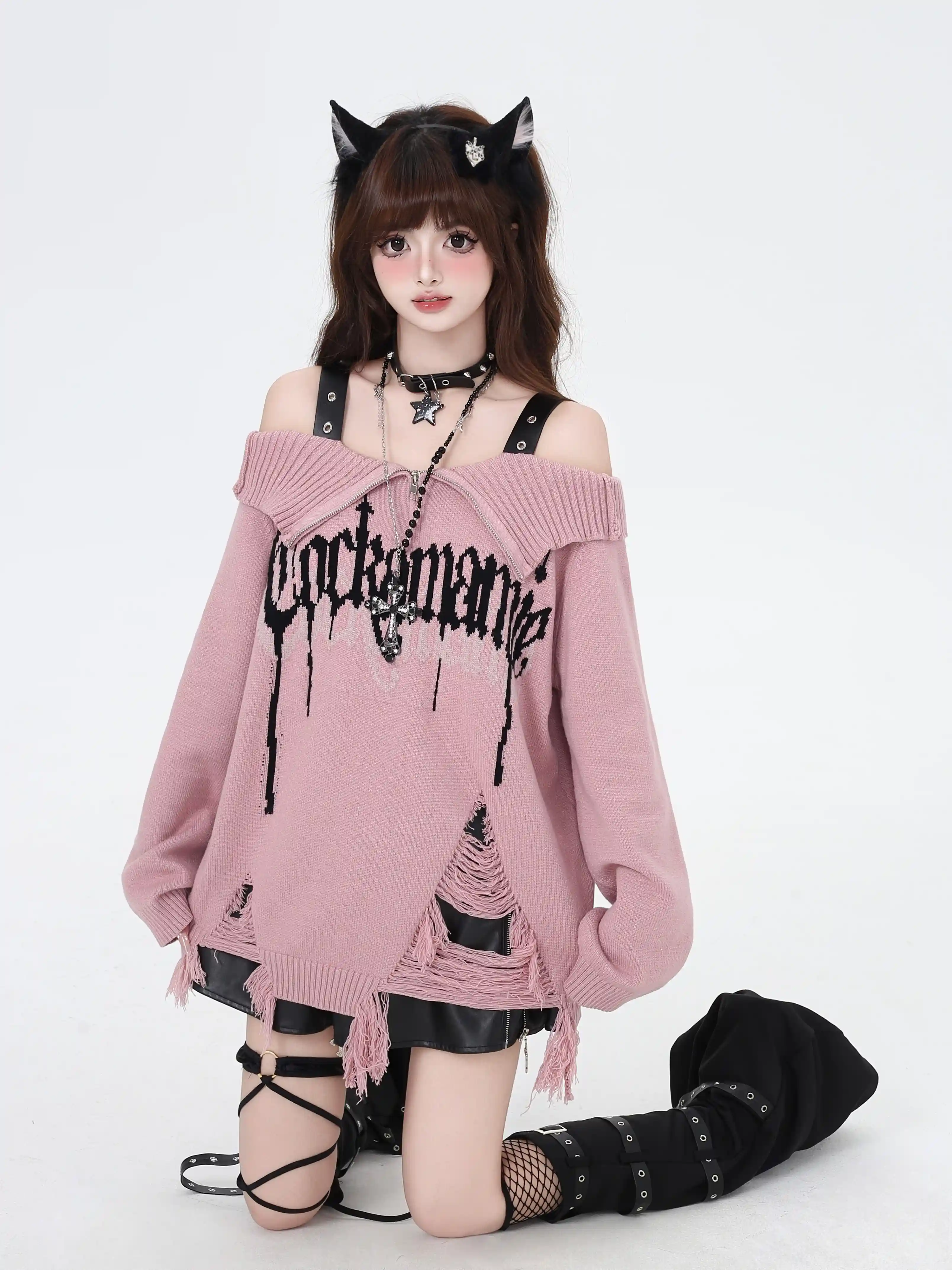 Crazy Girl Gothic Fragments Purple Black Pink Red Off Shoulder Sweater - Image 3
