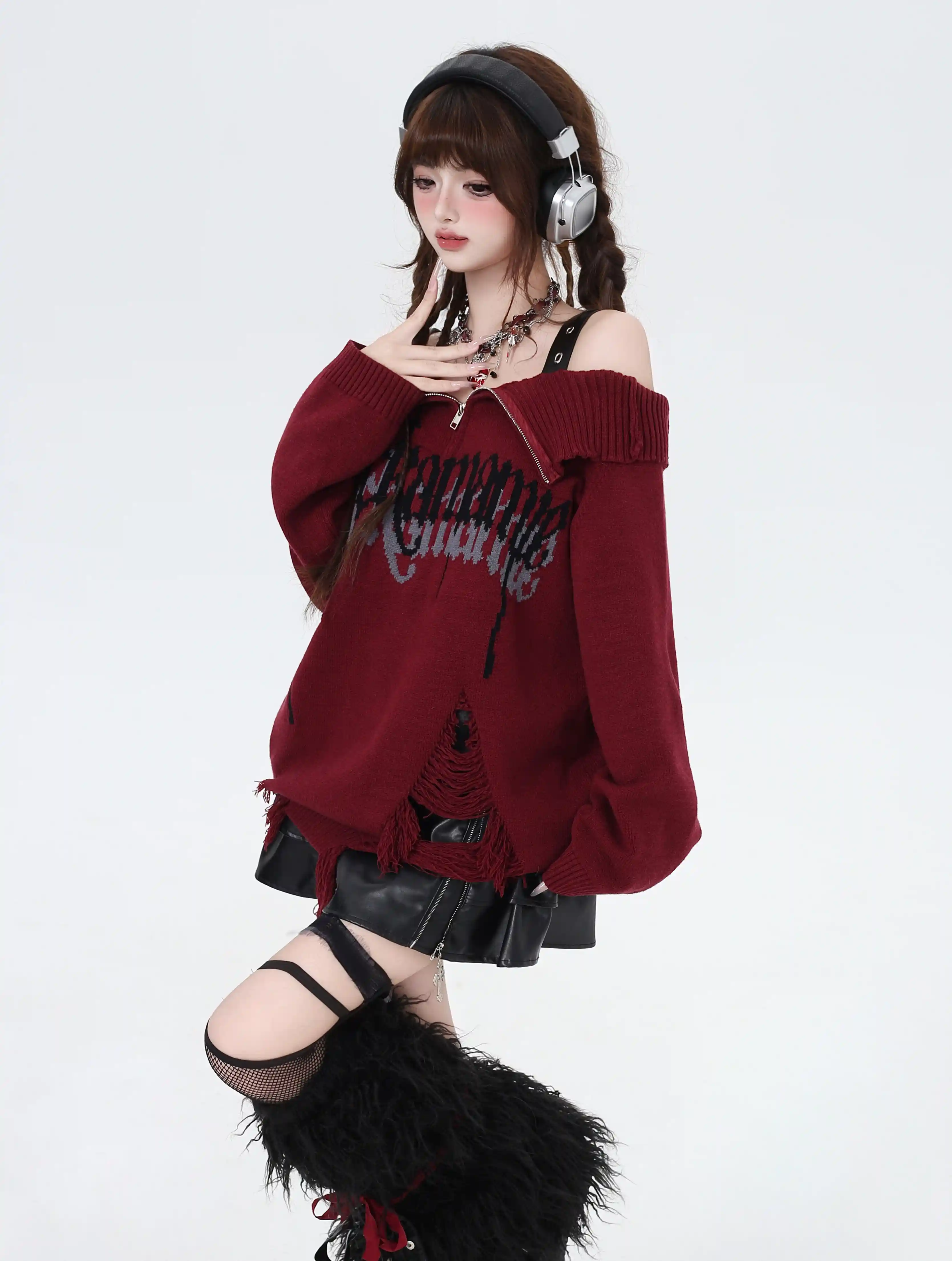 Crazy Girl Gothic Fragments Purple Black Pink Red Off Shoulder Sweater - Image 4