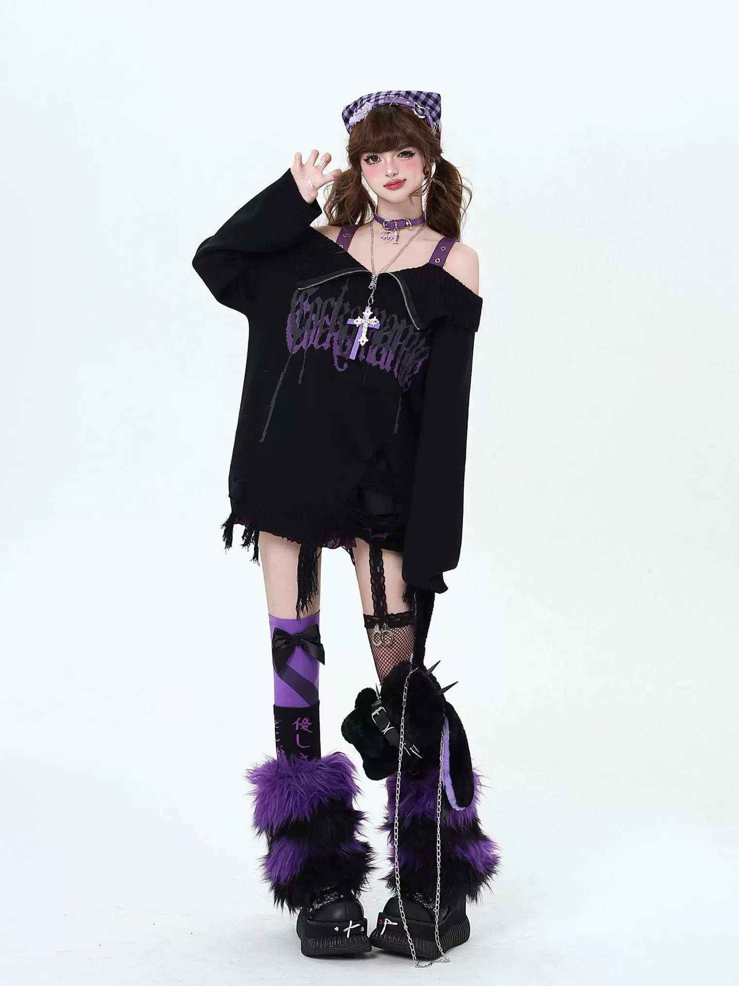 Crazy Girl Gothic Fragments Purple Black Pink Red Off Shoulder Sweater - Image 5