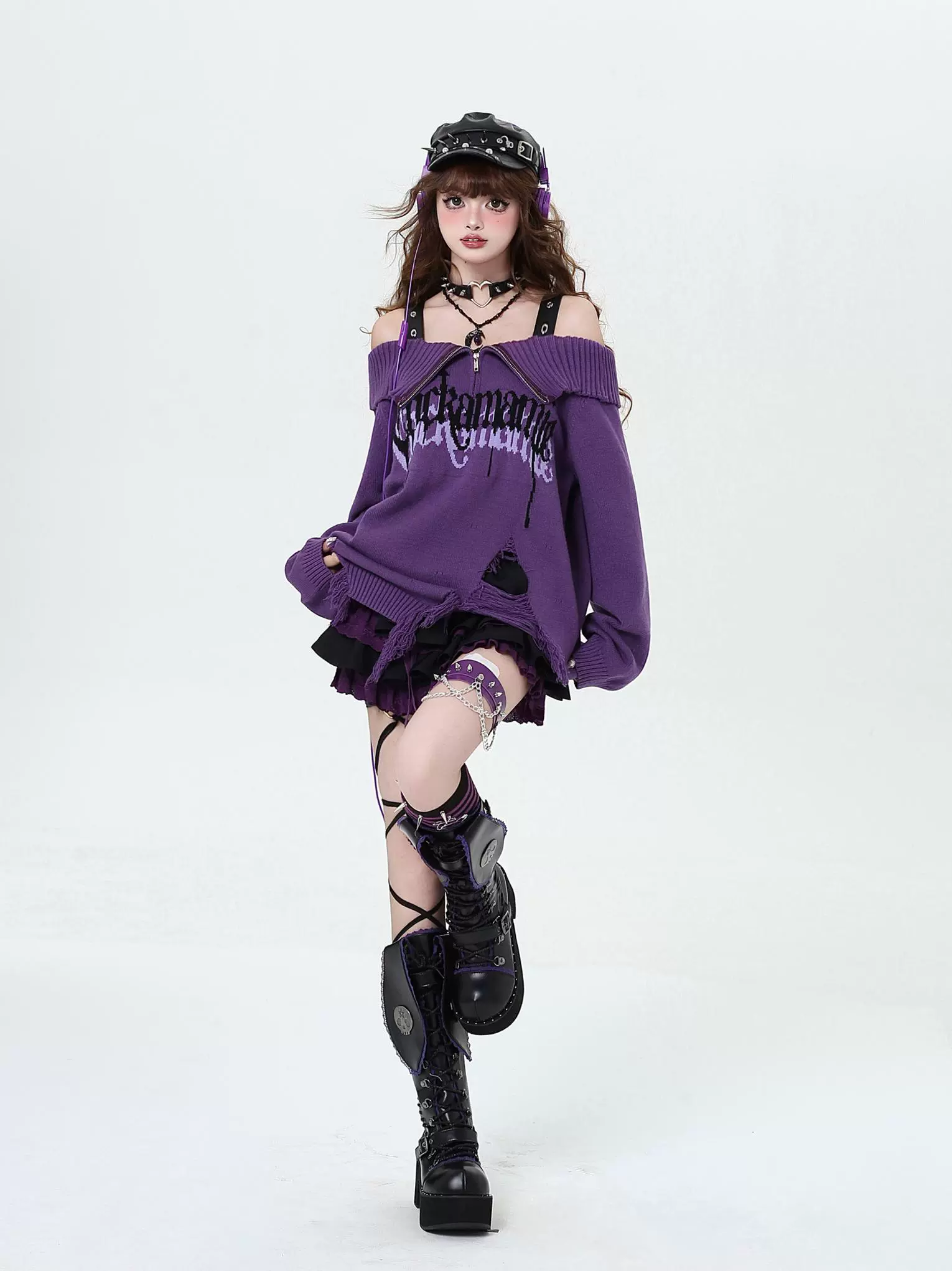 Crazy Girl Gothic Fragments Purple Black Pink Red Off Shoulder Sweater - Image 6
