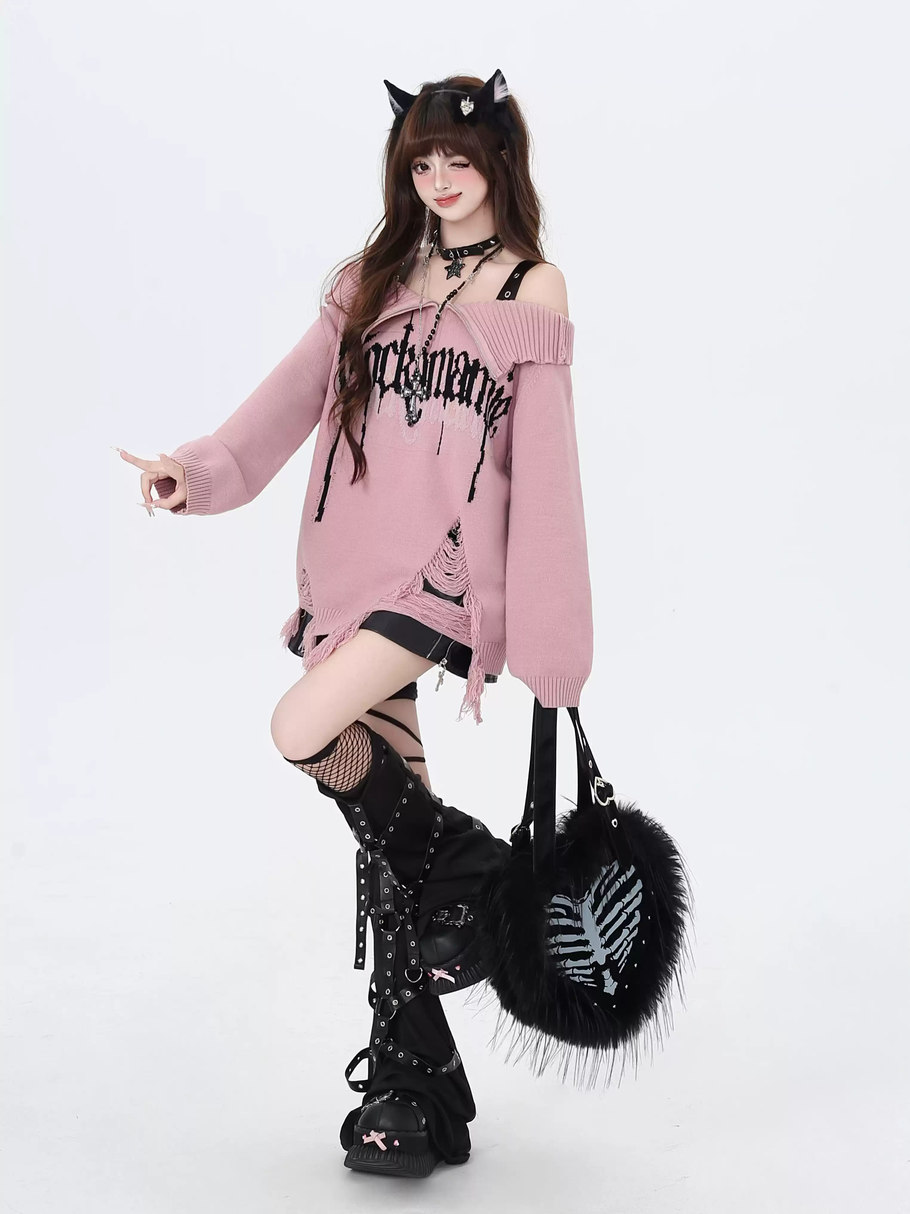 Crazy Girl Gothic Fragments Purple Black Pink Red Off Shoulder Sweater - Image 7