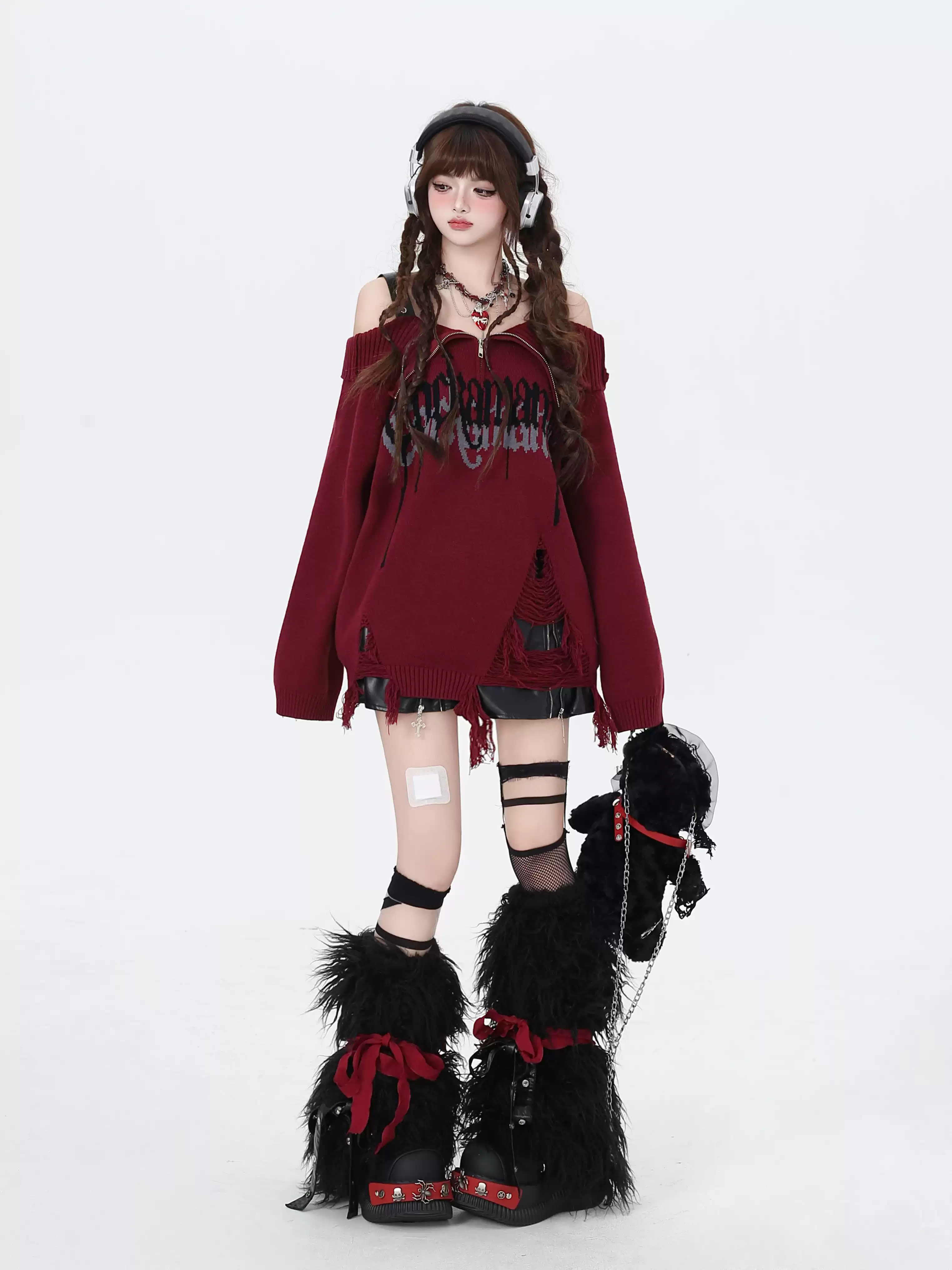 Crazy Girl Gothic Fragments Purple Black Pink Red Off Shoulder Sweater - Image 8