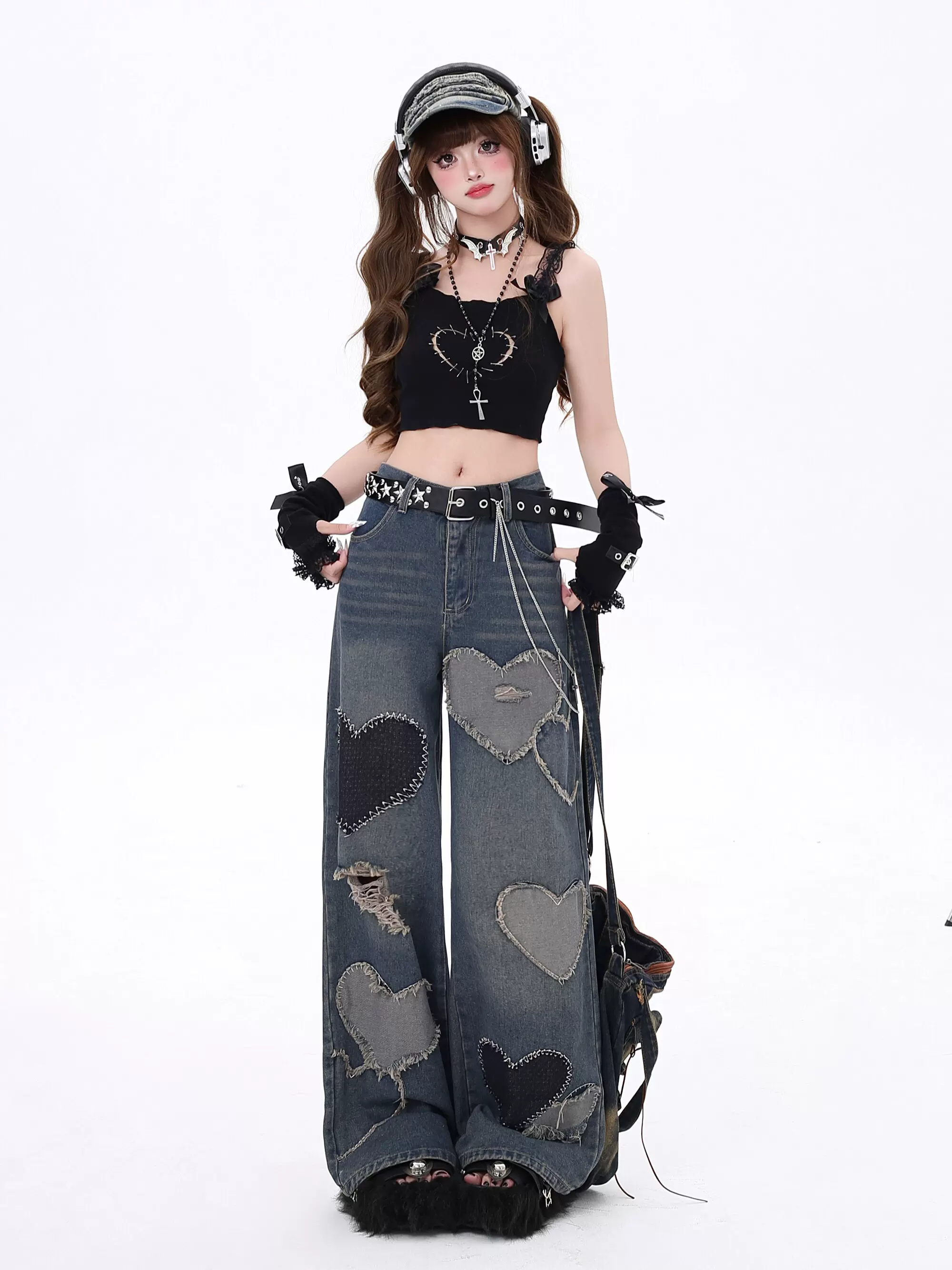 Crazy Girl Heart Patchwork Wide Leg Denim Jeans - Image 4