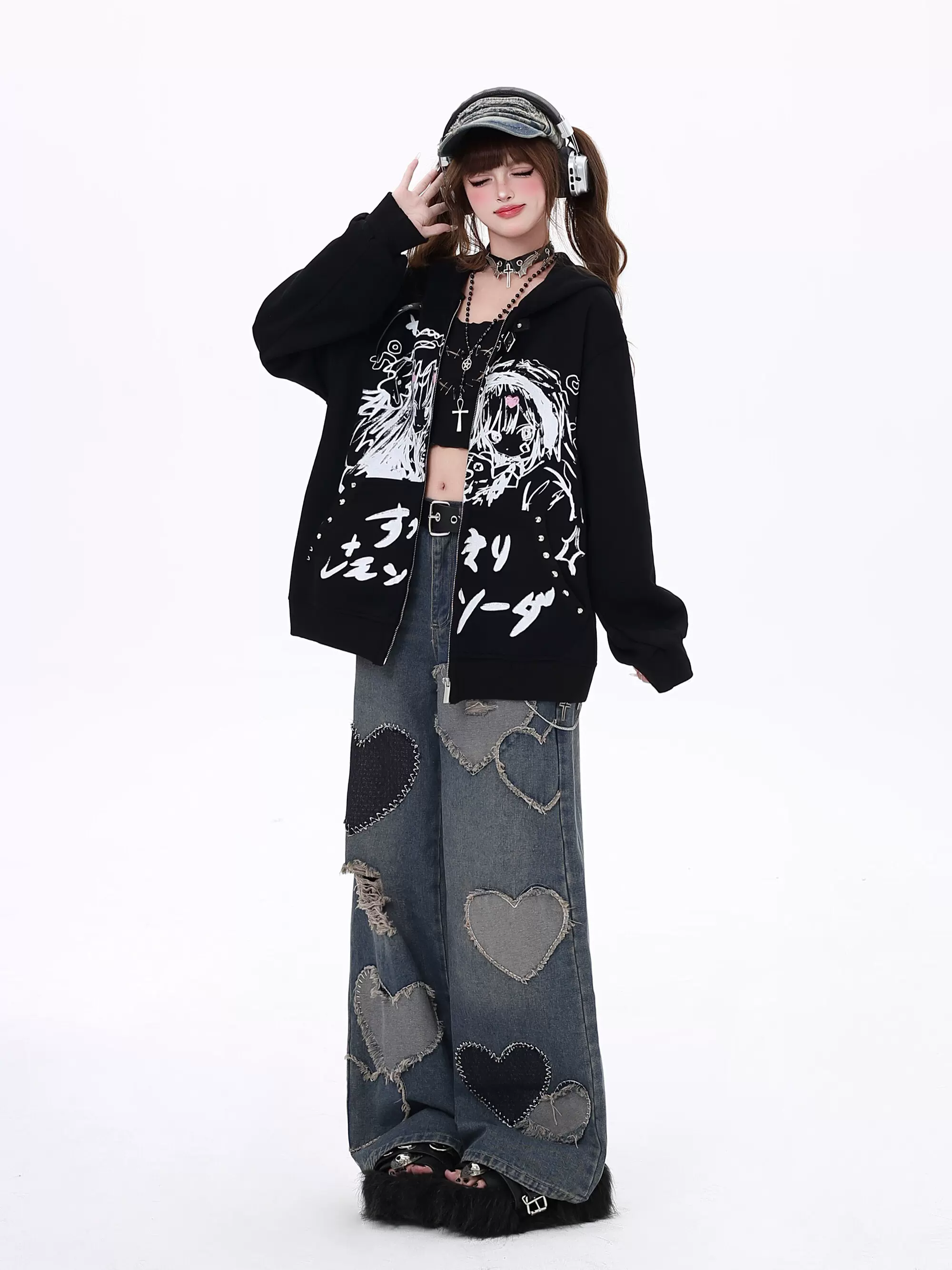 Crazy Girl Heart Patchwork Wide Leg Denim Jeans - Image 5