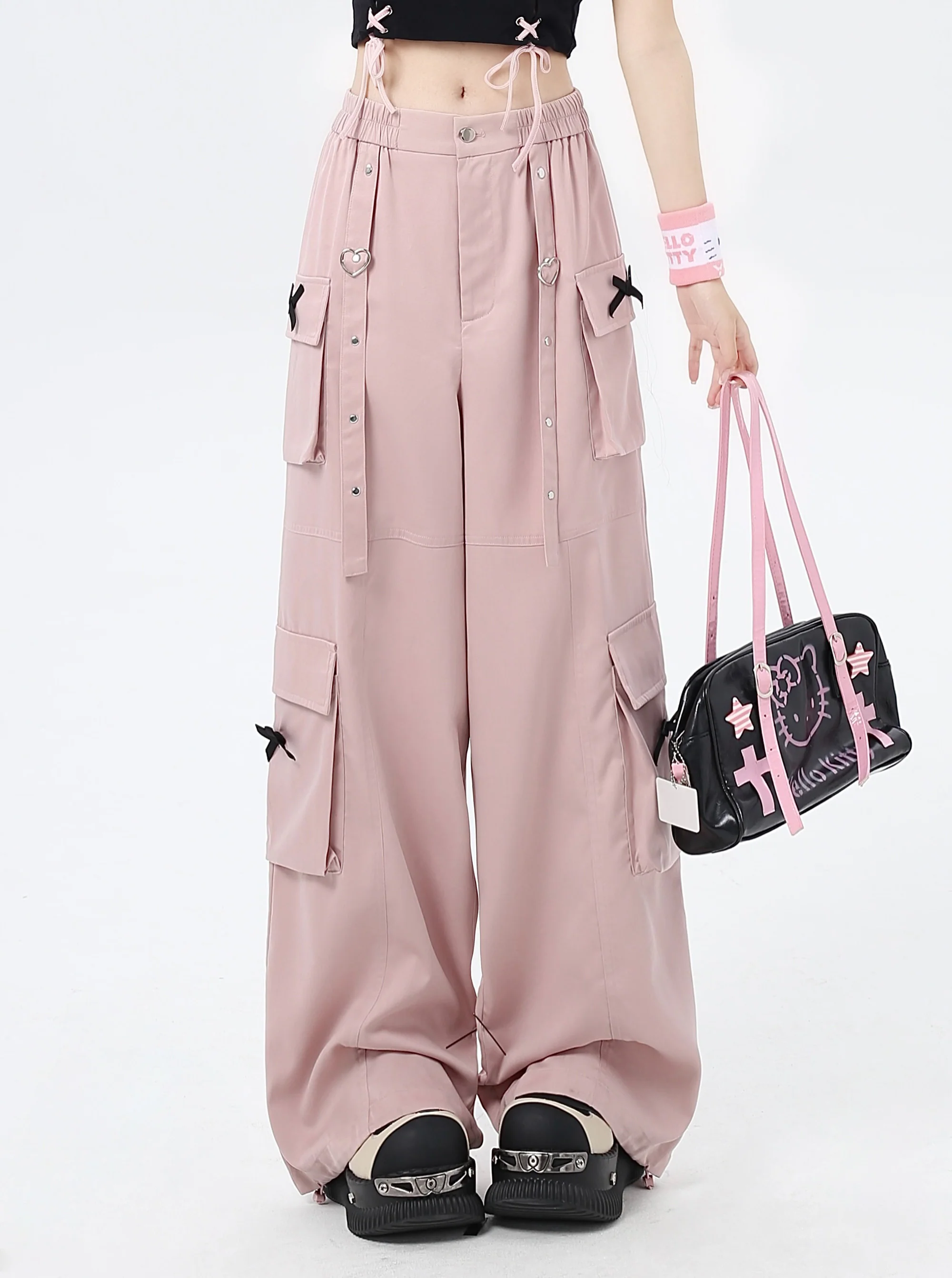 Crazy Girl Heart Strap Pink Black Elastic Waist Pants - Image 3