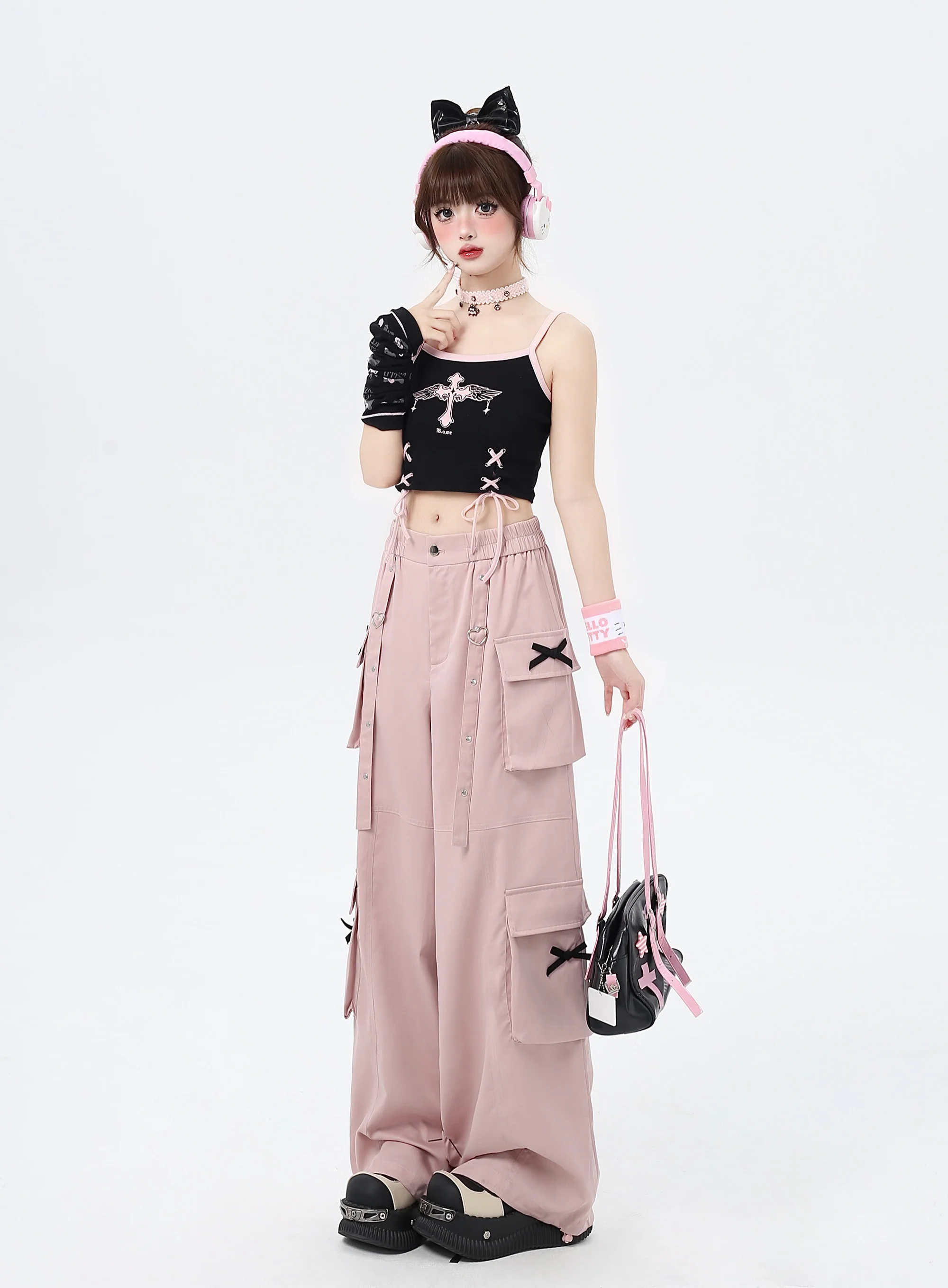 Crazy Girl Heart Strap Pink Black Elastic Waist Pants - Image 4