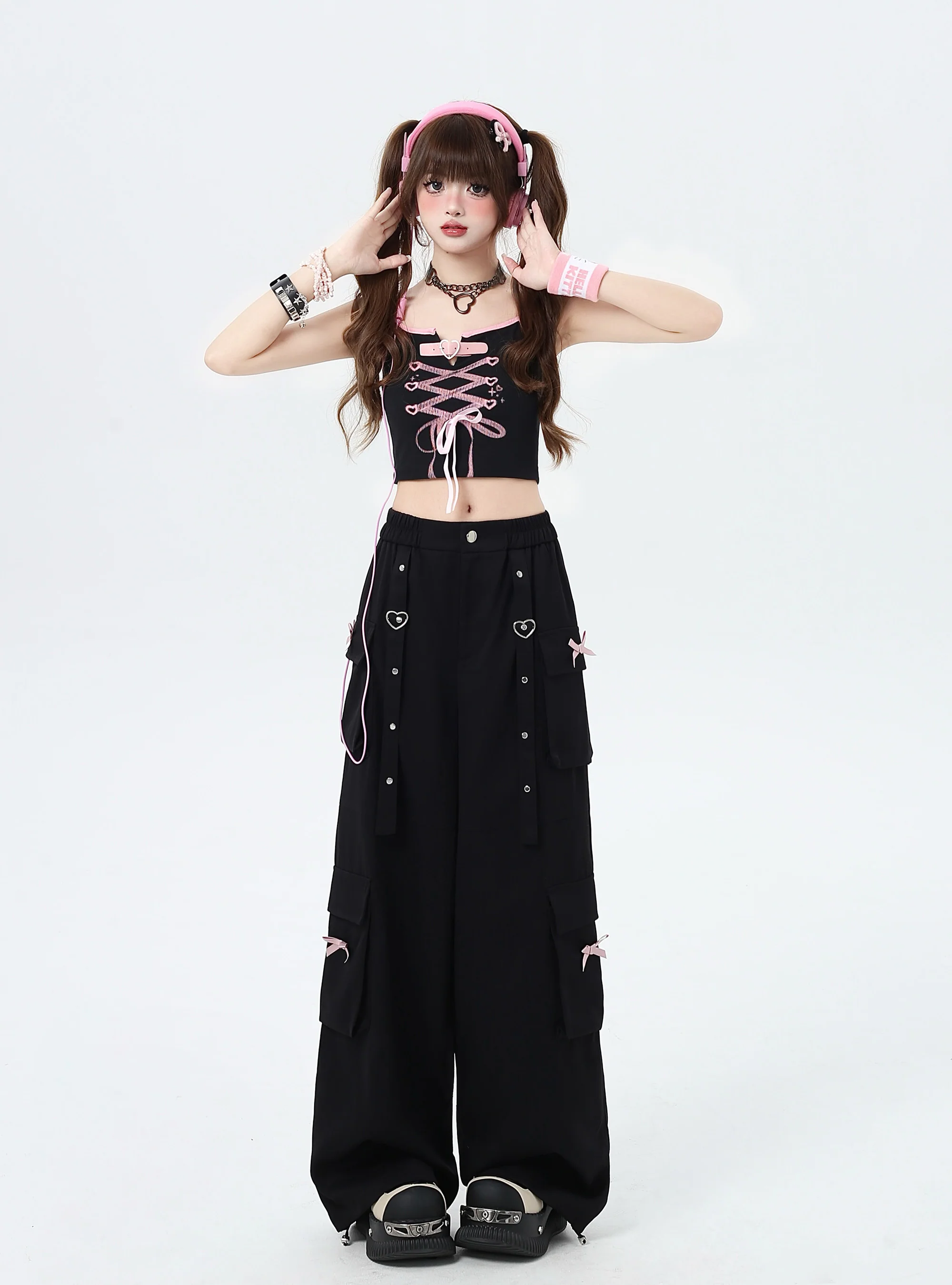 Crazy Girl Heart Strap Pink Black Elastic Waist Pants - Image 5