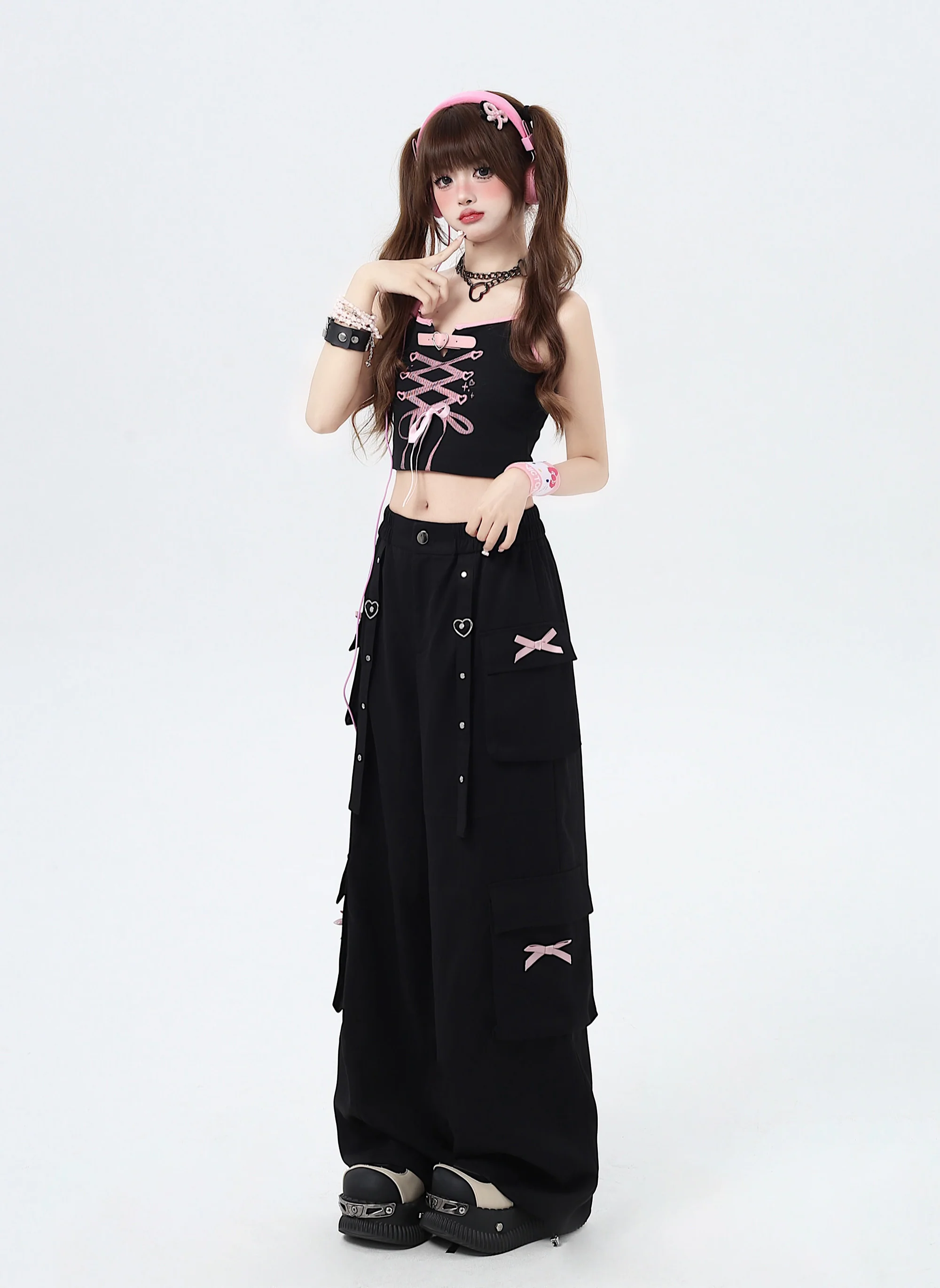 Crazy Girl Heart Strap Pink Black Elastic Waist Pants - Image 6