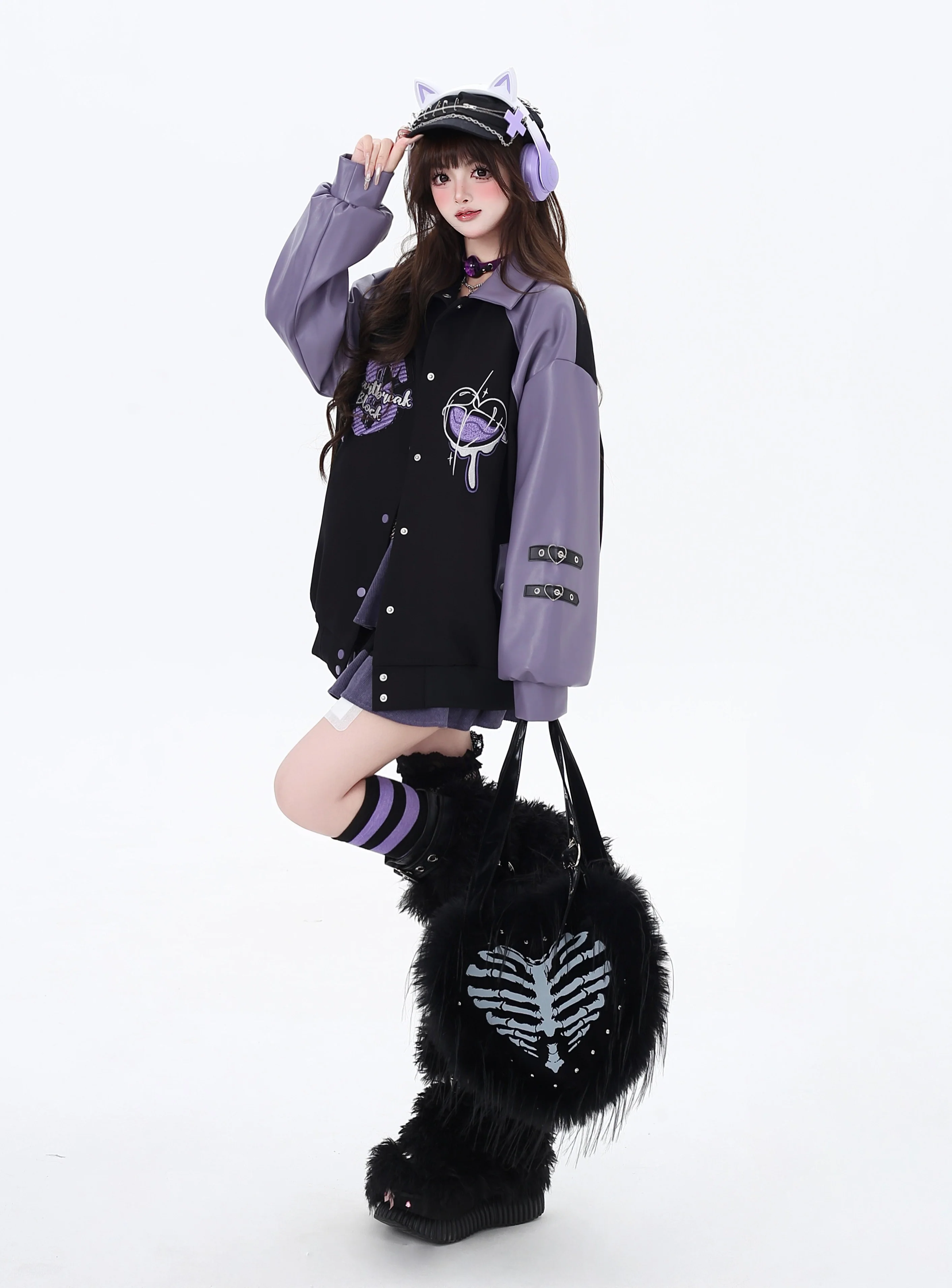 Crazy Girl Heartbreak Block Red Purple Black Leather Jacket - Image 7